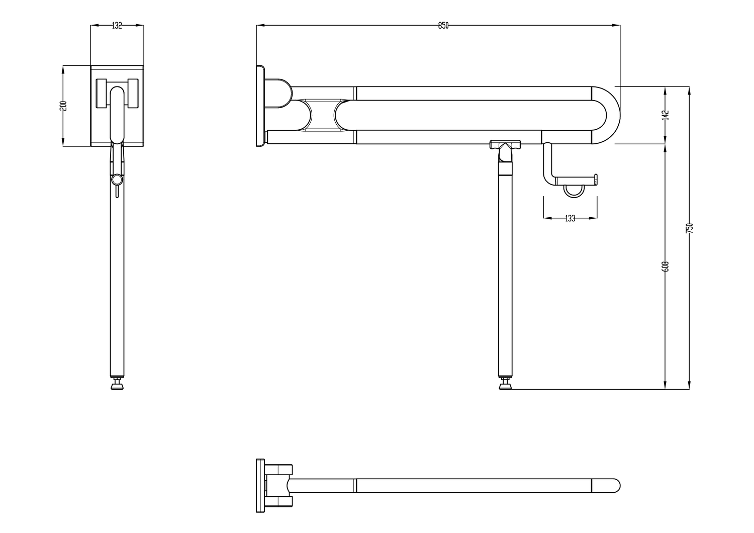 Normbau Stützklappgriff Nylon Care 750mm, 850 mm, Bodenstütze, Papierrollenhalter, dunkelgrau