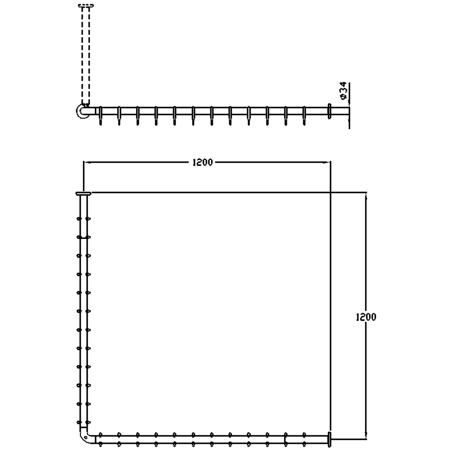 Normbau Duschvorhangstange Nylon Care mit Vorhangringen, 1200 x 1200 mm, weiß