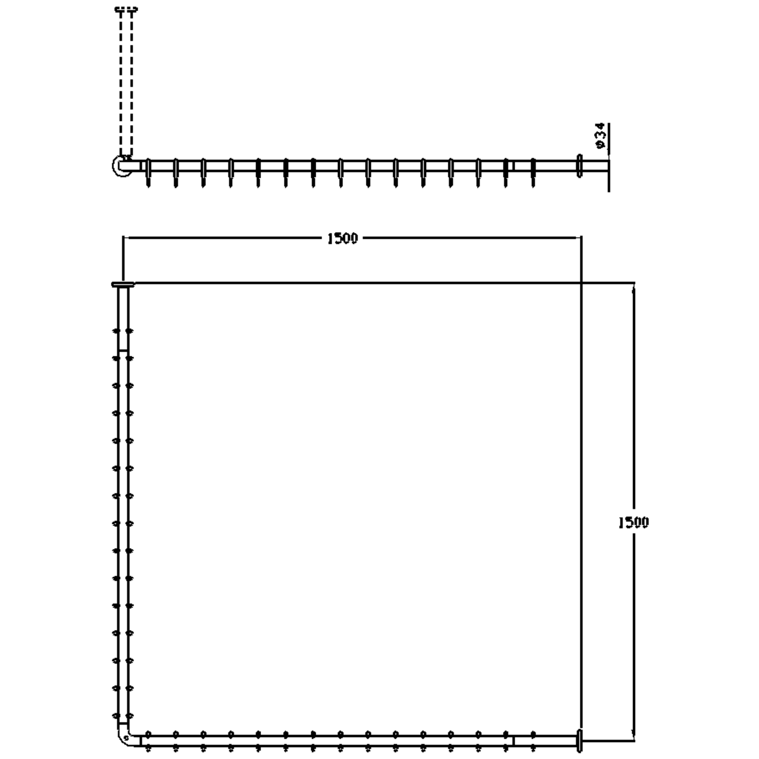 Normbau Duschvorhangstange Nylon Care mit Vorhangringen, 1500 x 1500 mm, weiß