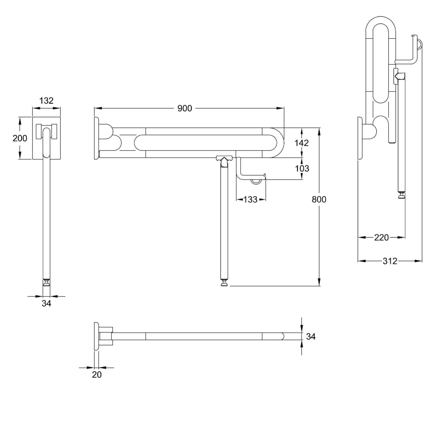 Normbau Stützklappgriff Nylon Care 800mm, 900 mm, Bodenstütze, Papierrollenhalter, Antibac, dunkelgrau