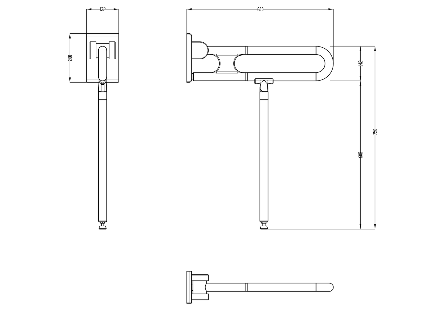 Normbau Stützklappgriff Nylon Care 750mm, 600 mm, Antibac, dunkelgrau