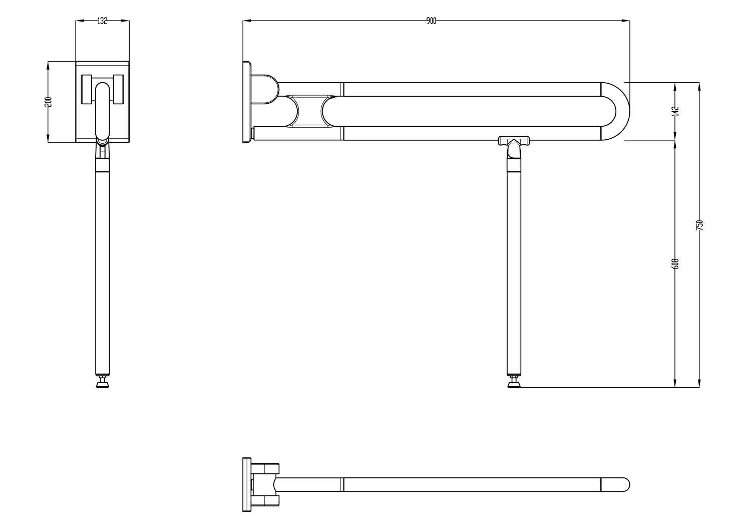 Normbau Stützklappgriff Nylon Care 750mm, 900 mm, Antibac, dunkelgrau