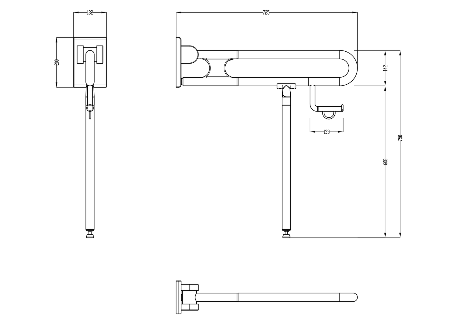 Normbau Stützklappgriff Nylon Care 750mm, 725 mm, Bodenstütze, Papierrollenhalter, Antibac, weiß