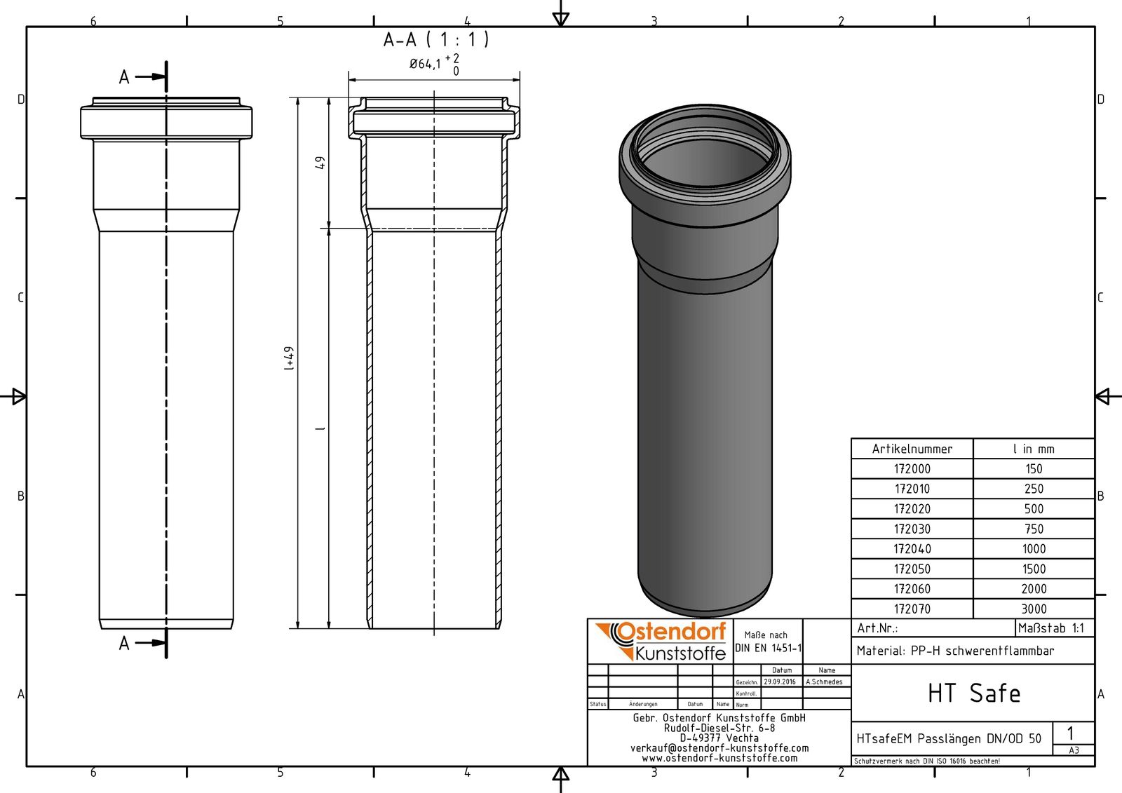 Ostendorf HTsafe Rohr EM DN/OD 50, 1000 mm