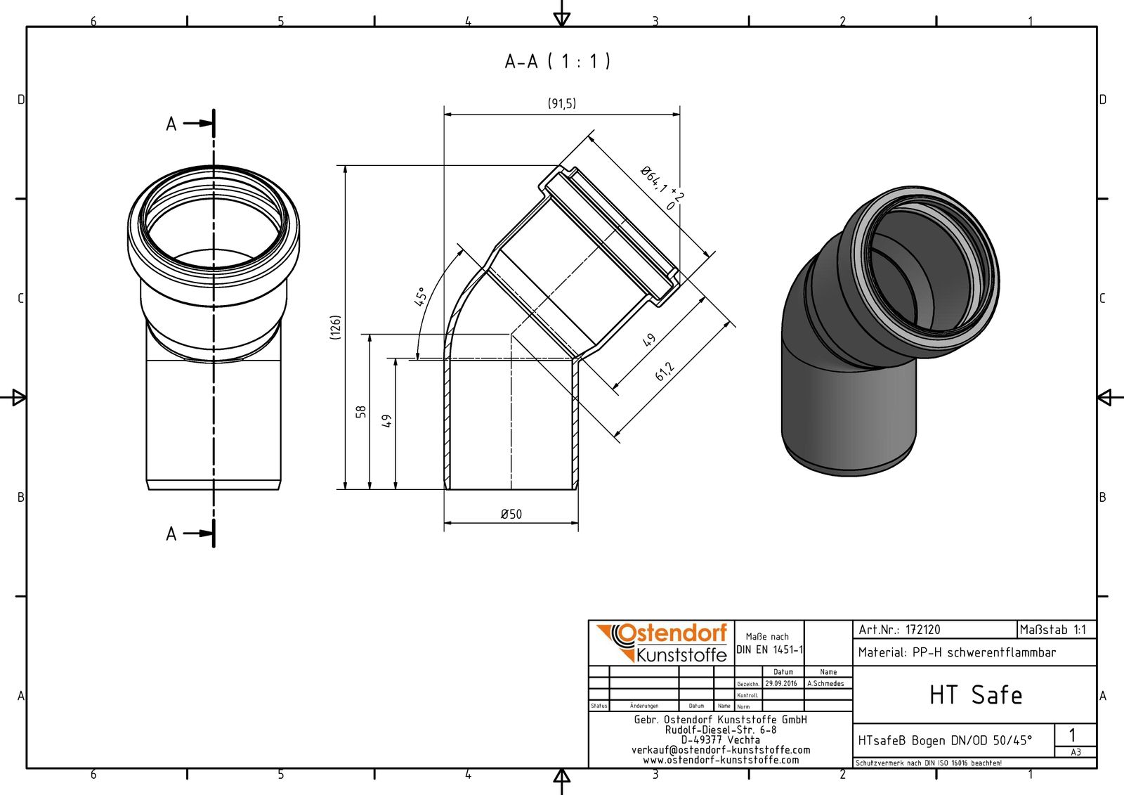 Ostendorf HTsafe Bogen B DN/OD 50, 45°