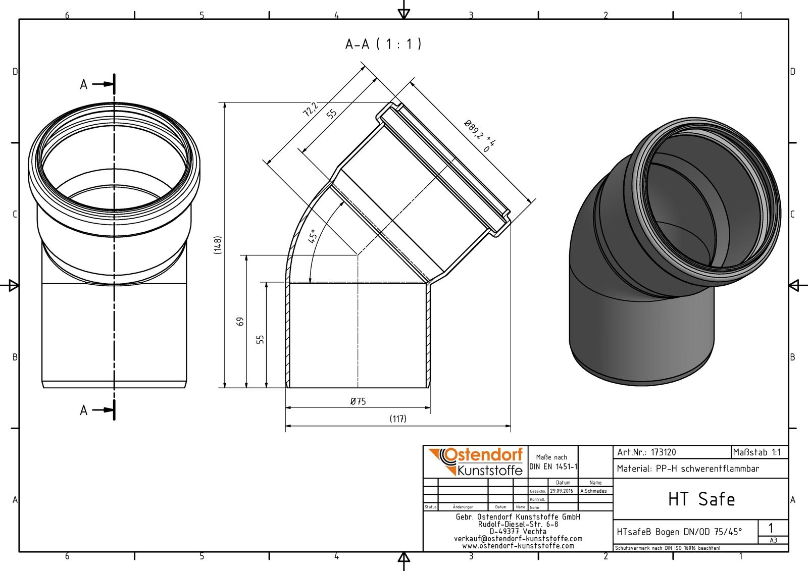 Ostendorf HTsafe Bogen B DN/OD 75, 45°