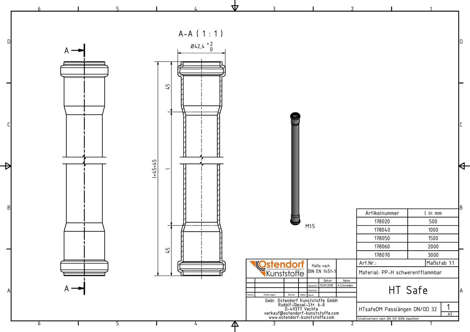 Ostendorf HTsafe Rohr DM DN/OD 32, 500 mm, mit 2 Muffen