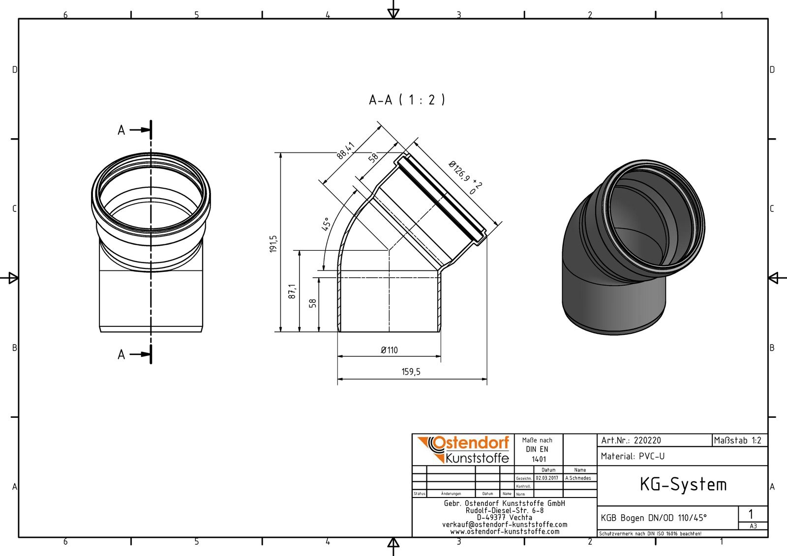 Ostendorf KG Bogen B DN/OD 110, 45°