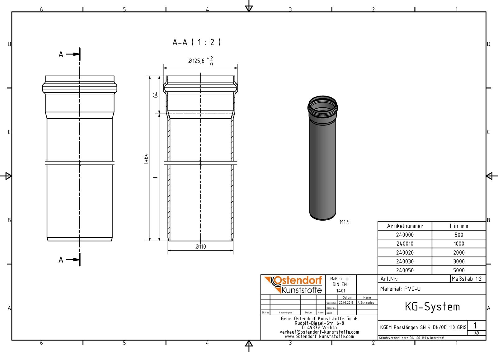 Ostendorf KG Rohr SN 4 EM DN/OD 110 x 3,2 mm, 1000 mm, mit Steckmuffe/Lippendichtung
