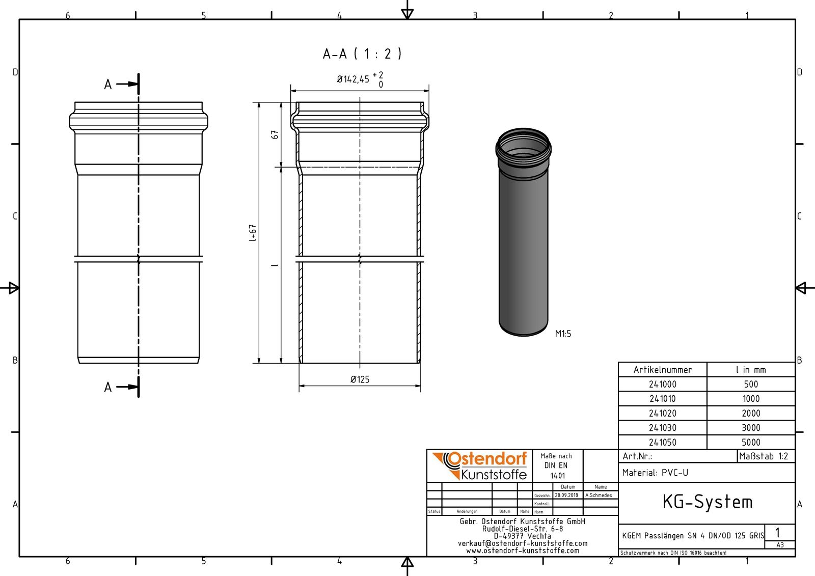 Ostendorf KG Rohr SN 4 EM DN/OD 125 x 3,2 mm, 500 mm, mit Steckmuffe/Lippendichtung