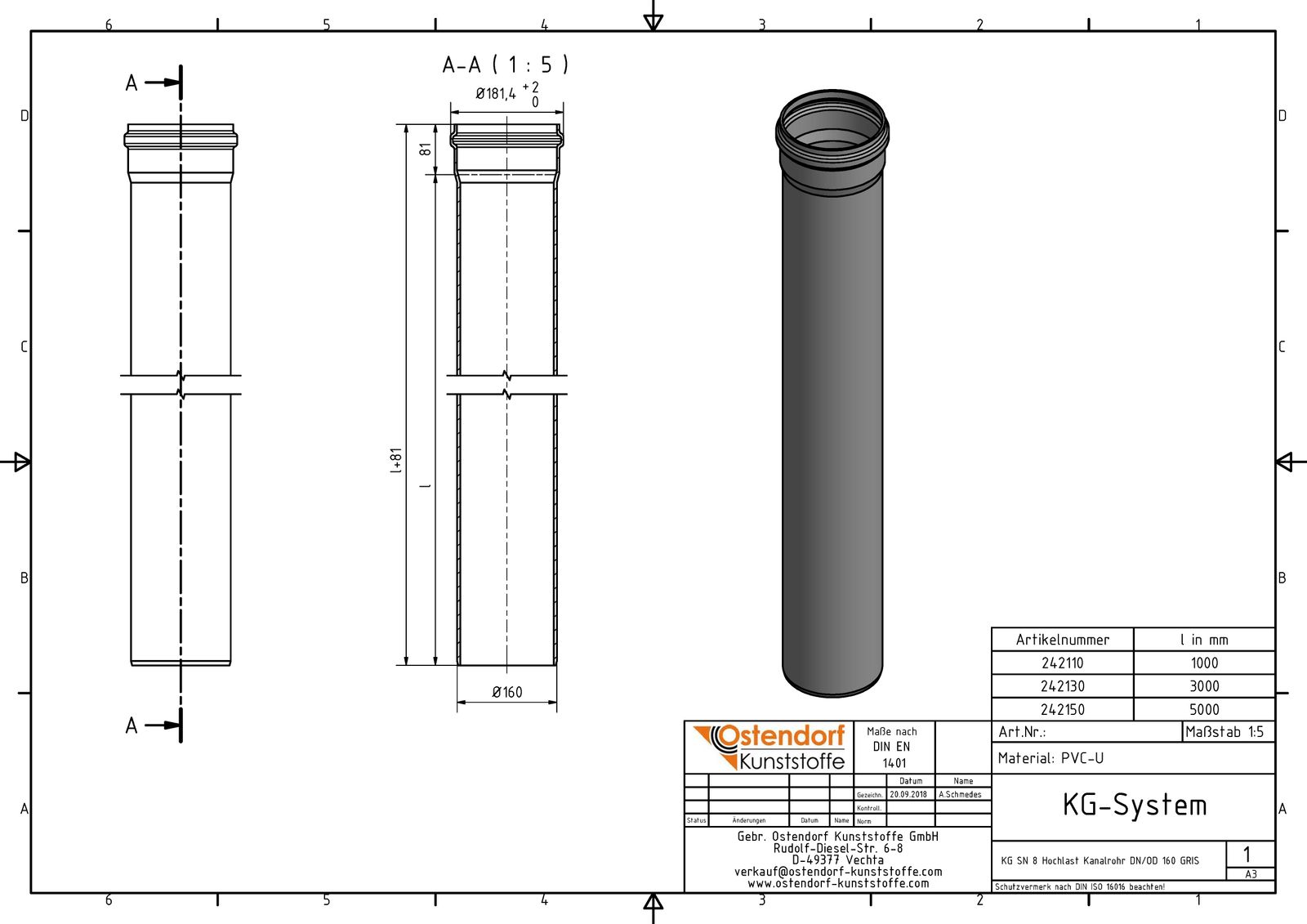 Ostendorf KG Rohr SN 8 EM DN/OD 160, 5000 mm, mit Steckmuffe/Lippendichtung