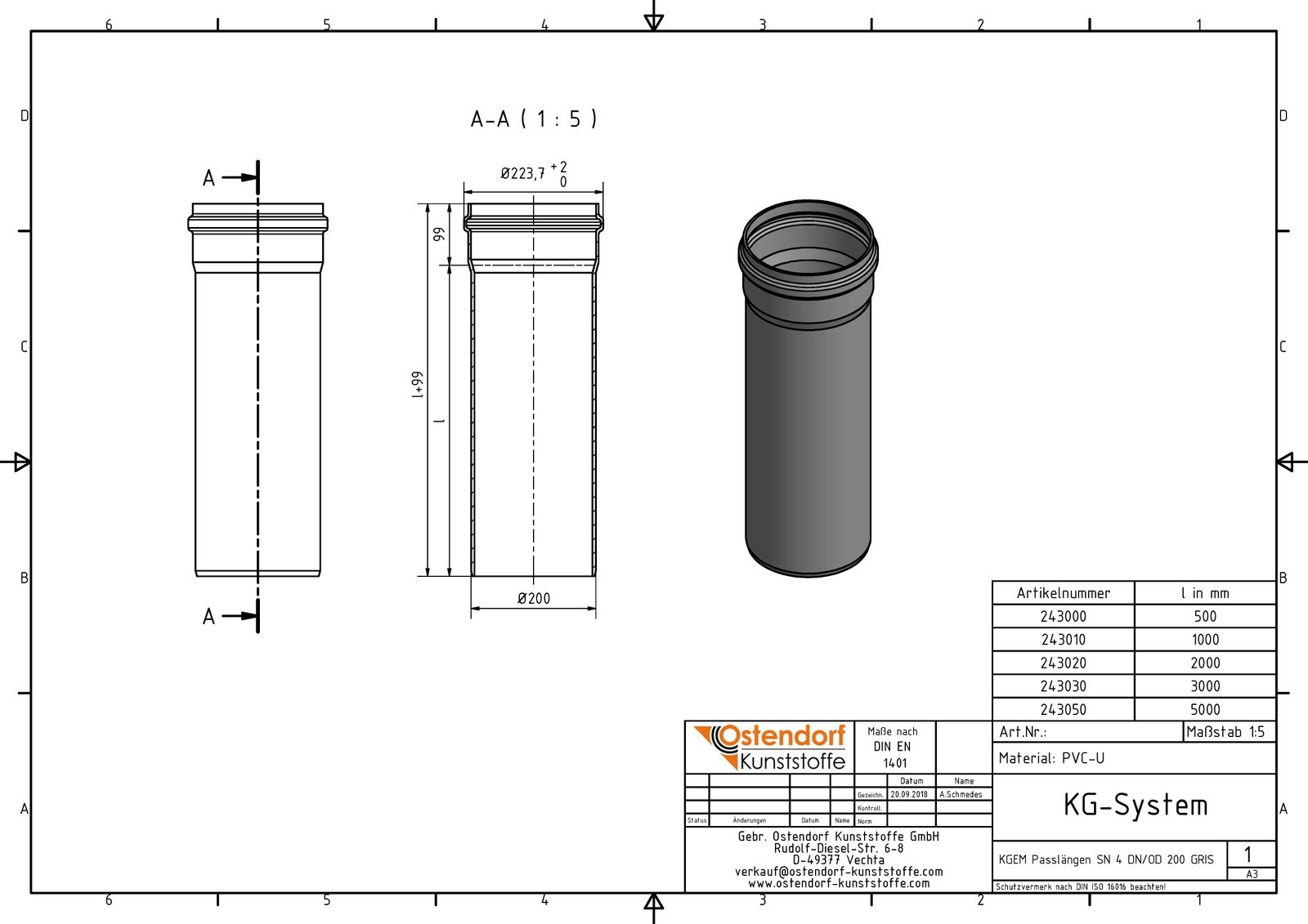 Ostendorf KG Rohr SN 4 EM DN/OD 200 x 4,9 mm, 500 mm, mit Steckmuffe/Lippendichtung