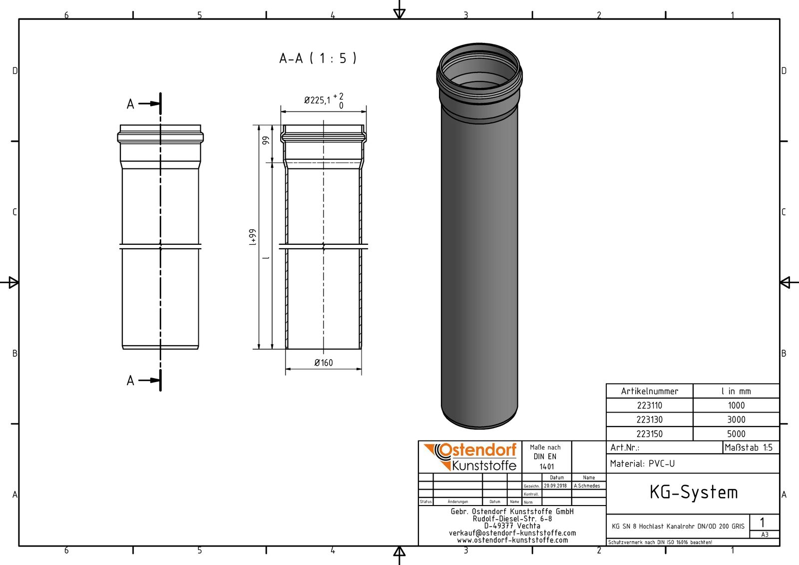 Ostendorf KG Rohr SN 8 EM DN/OD 200, 5000 mm, mit Steckmuffe/Lippendichtung
