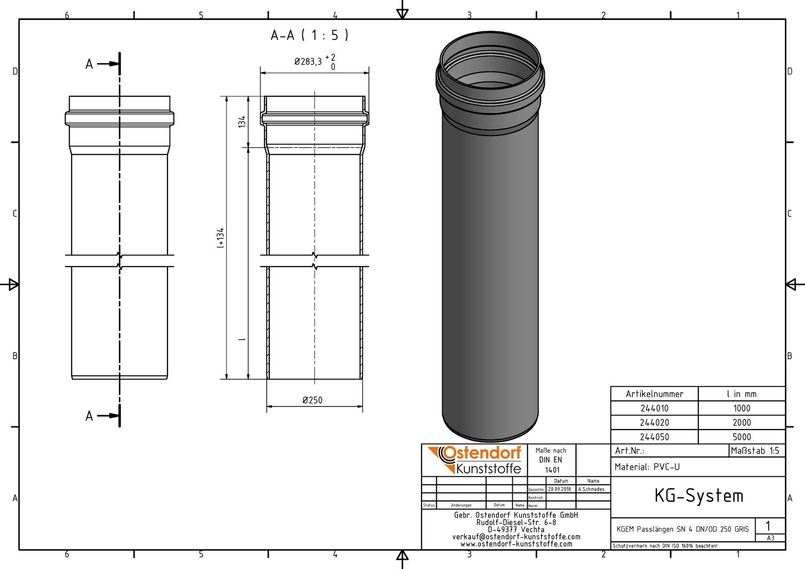 Ostendorf KG Rohr SN 4 EM DN/OD 250 x 6,2 mm, 5000 mm, mit Steckmuffe/Lippendichtung