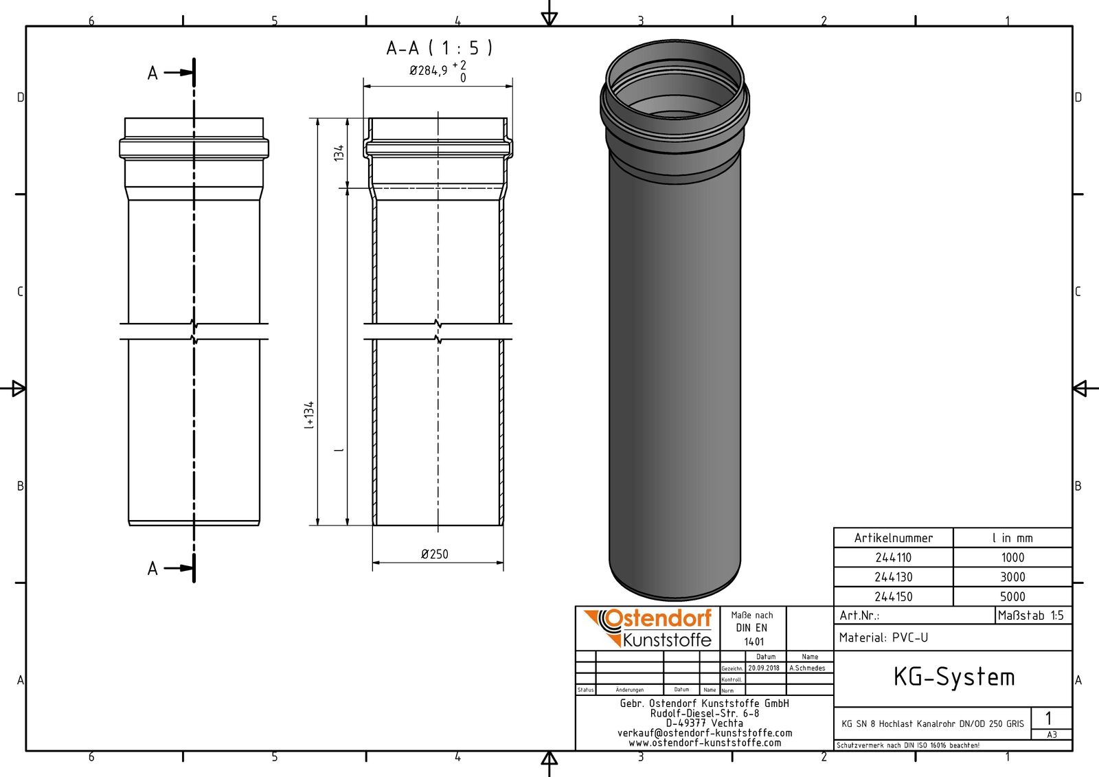 Ostendorf KG Rohr SN 8 EM DN/OD 250, 5000 mm, mit Steckmuffe/Lippendichtung