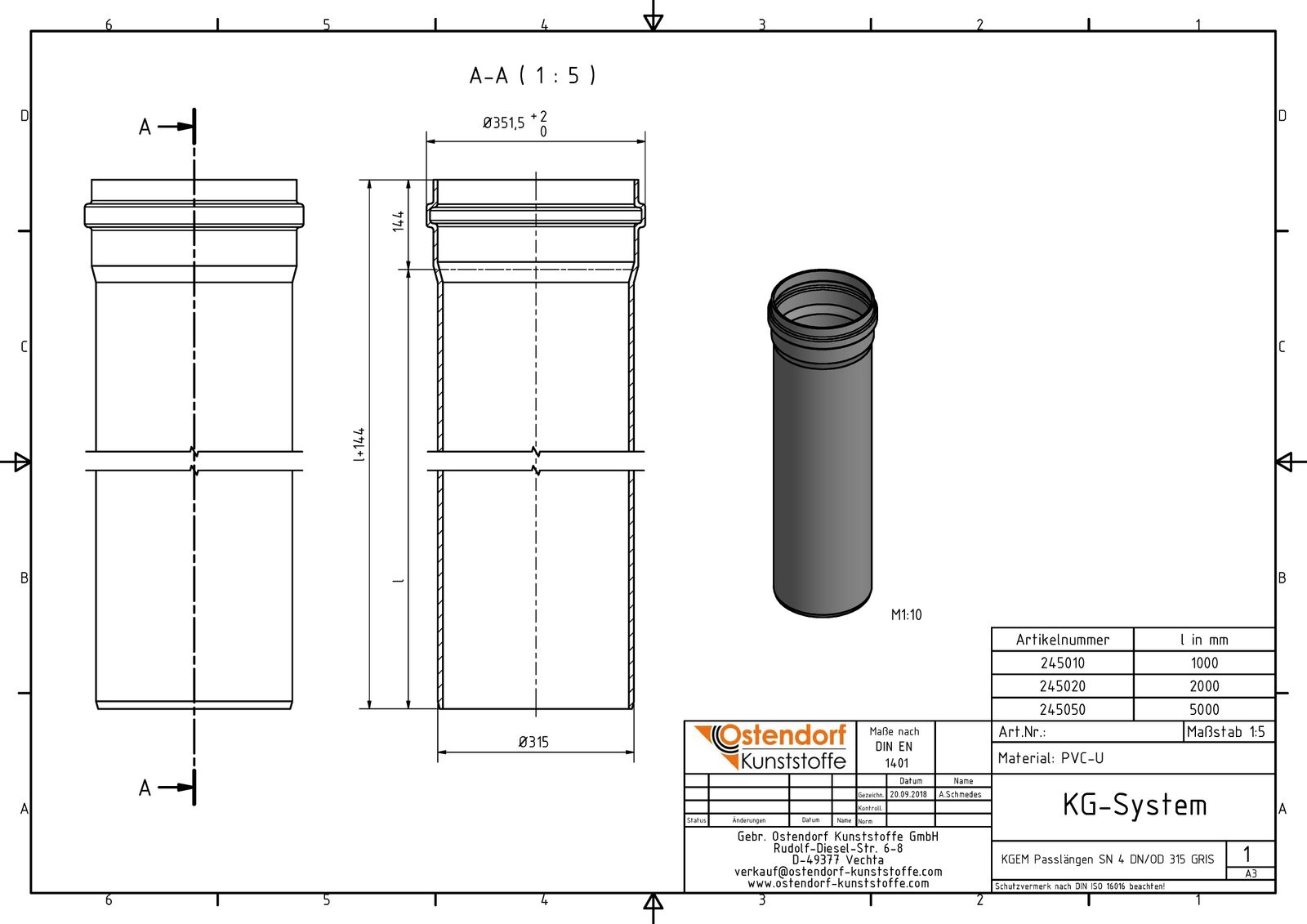 Ostendorf KG Rohr SN 4 EM DN/OD 315 x 7,7 mm, 1000 mm, mit Steckmuffe/Lippendichtung
