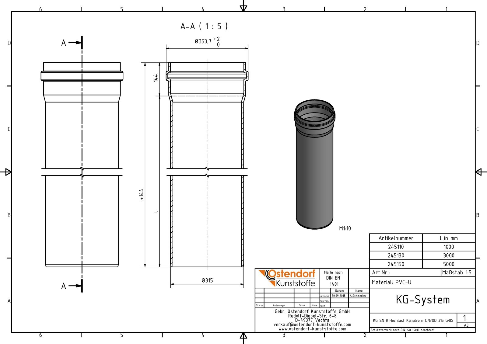 Ostendorf KG Rohr SN 8 EM DN/OD 315, 3000 mm, mit Steckmuffe/Lippendichtung
