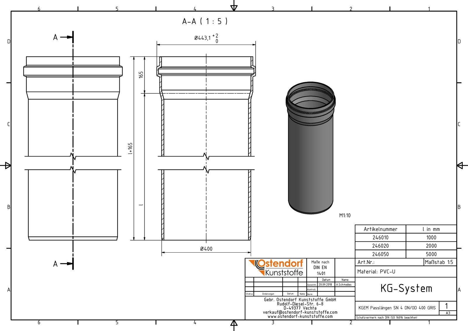 Ostendorf KG Rohr SN 4 EM DN/OD 400 x 9,8 mm, 1000 mm, mit Steckmuffe/Lippendichtung