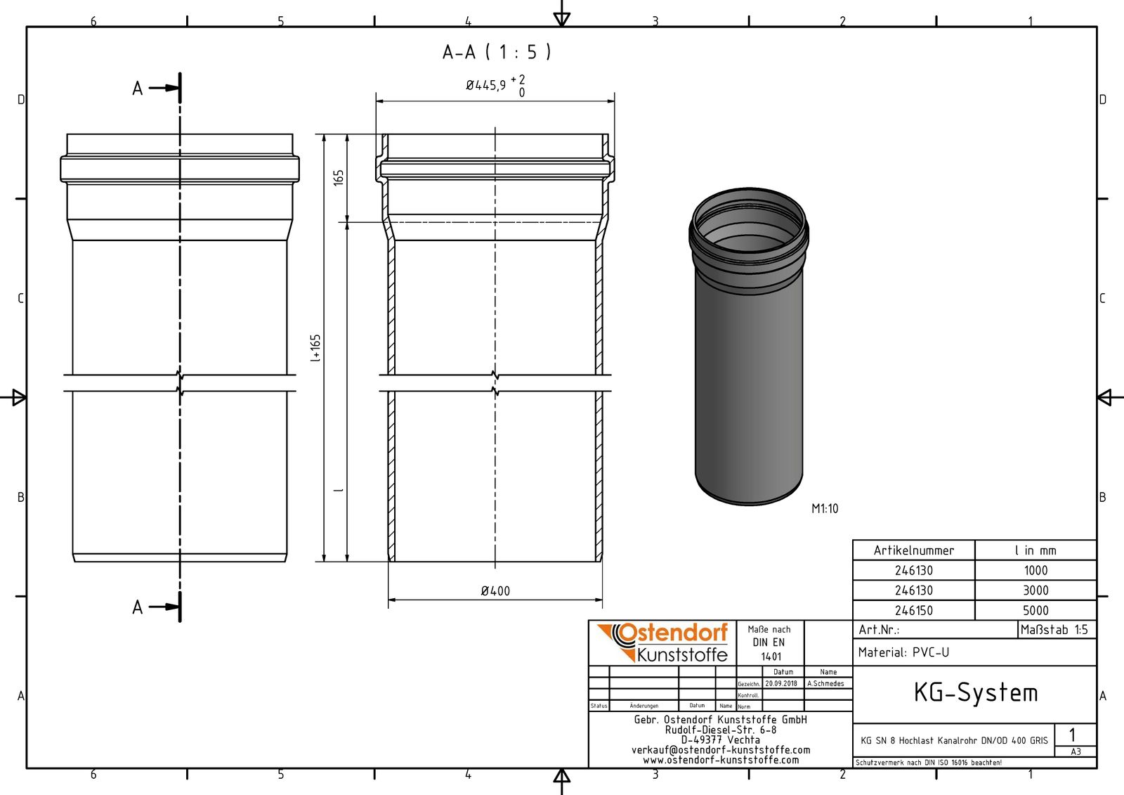 Ostendorf KG Rohr SN 8 EM DN/OD 400, 3000 mm, mit Steckmuffe/Lippendichtung