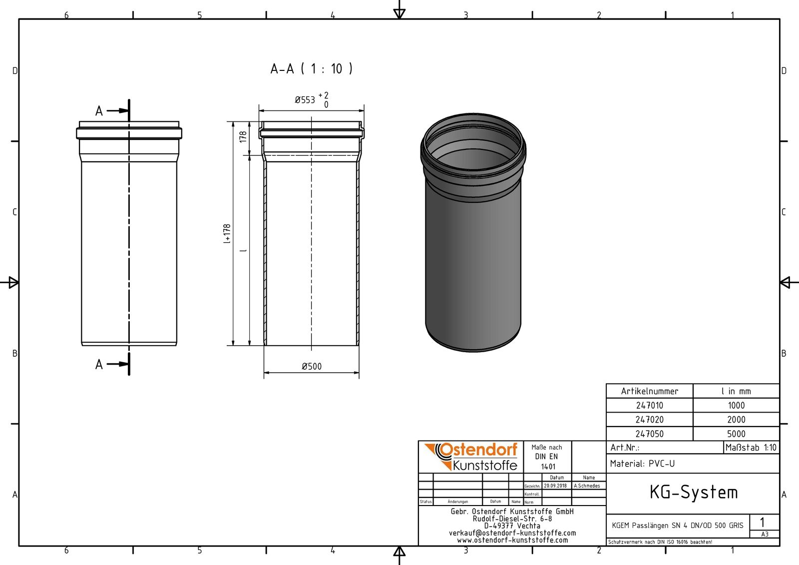 Ostendorf KG Rohr SN 4 EM DN/OD 500 x 12,3 mm, 1000 mm, mit Steckmuffe/Lippendichtung