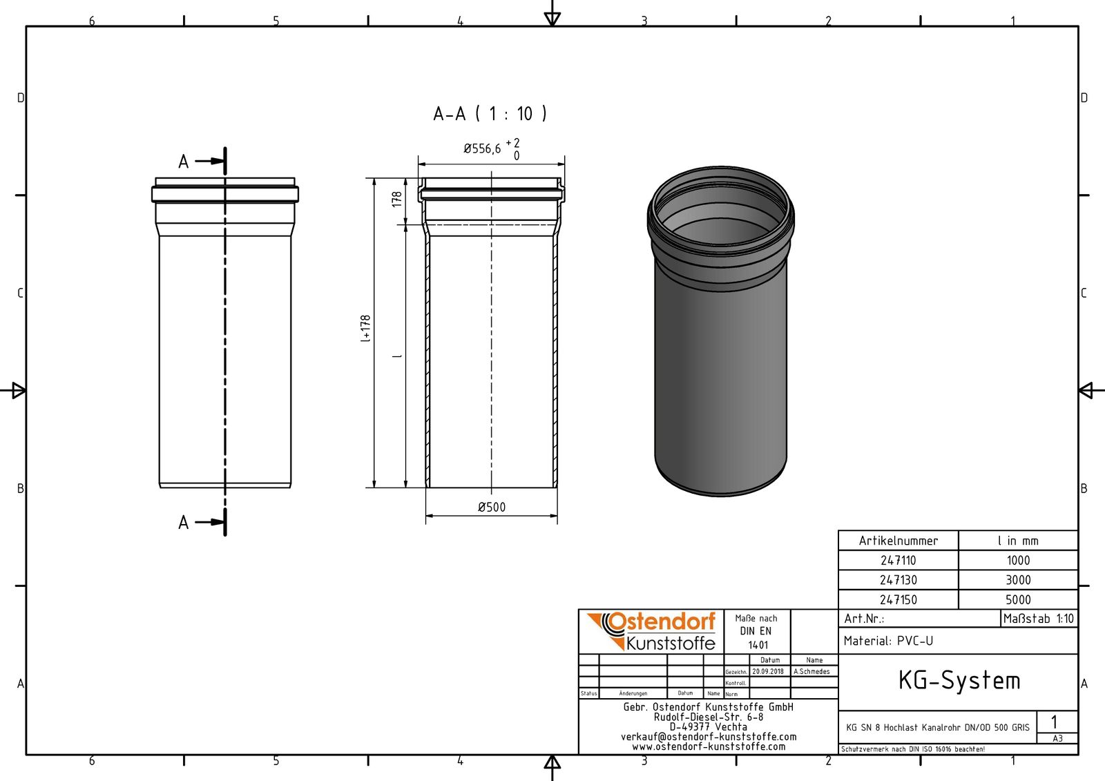 Ostendorf KG Rohr SN 8 EM DN/OD 500, 3000 mm, mit Steckmuffe/Lippendichtung