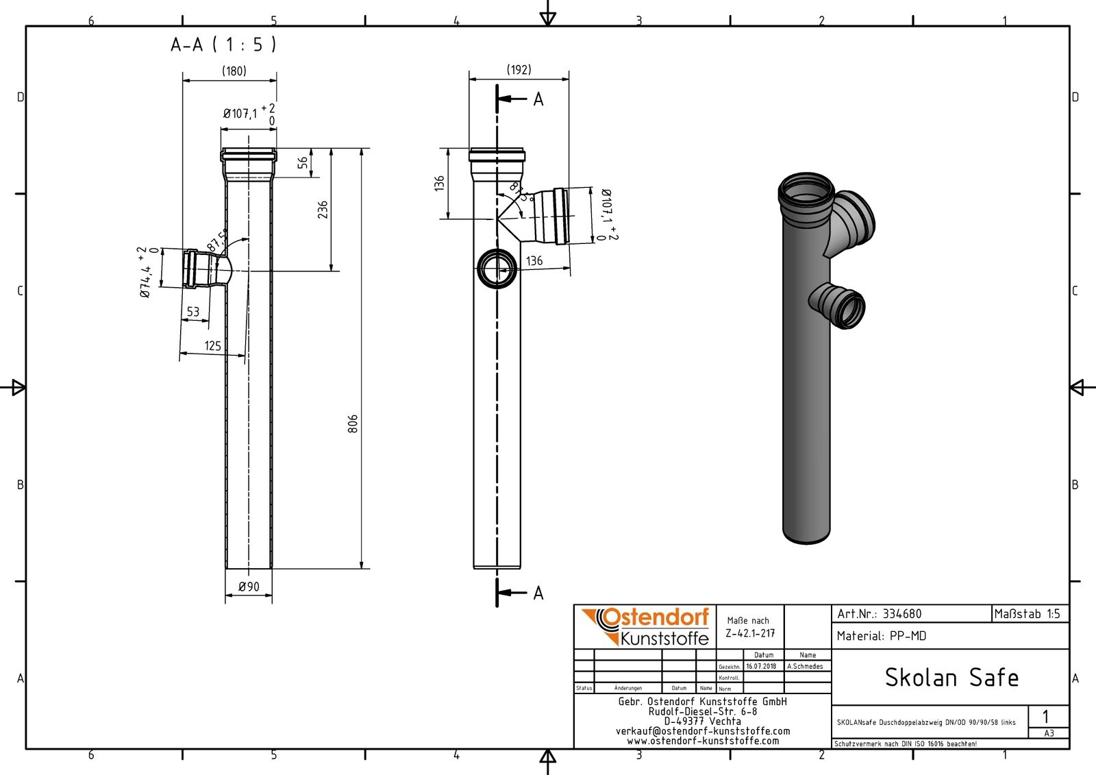 Ostendorf SKOLANsafe Duschdoppelabzweig DDA DN/OD 90/90/58 x 90°, links