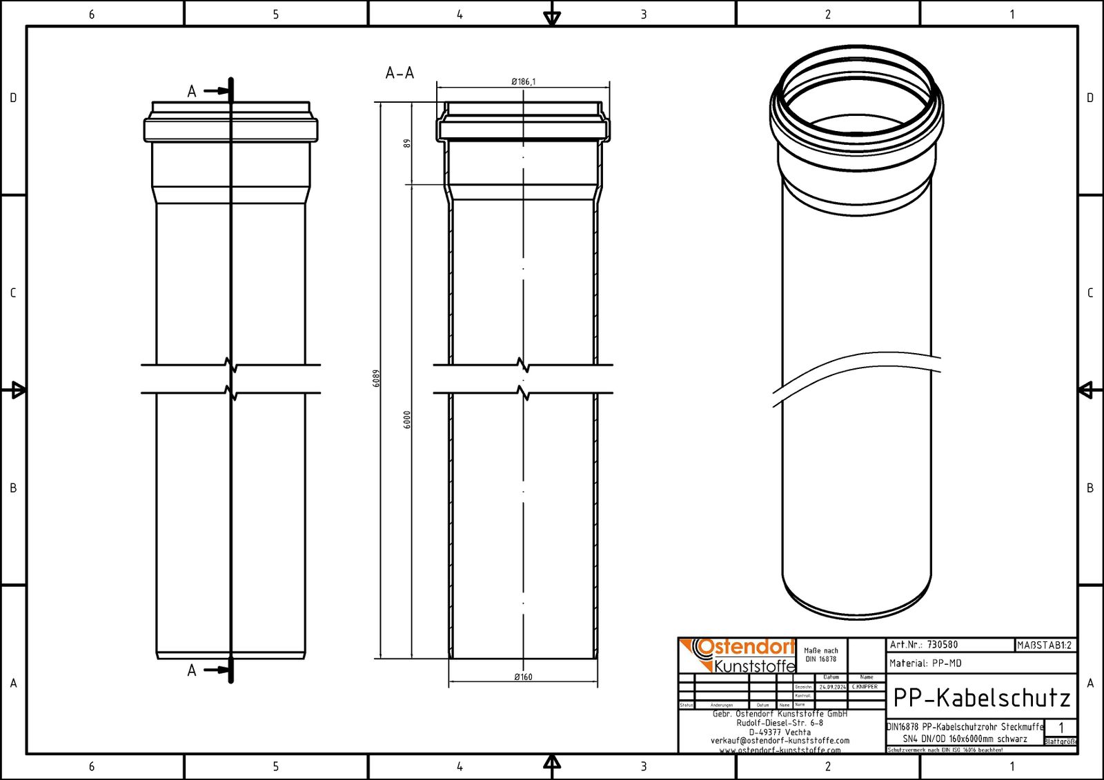 Ostendorf Kabelschutzrohr PP DN/OD 160, 6000mm, schwarz, mit Steckmuffe