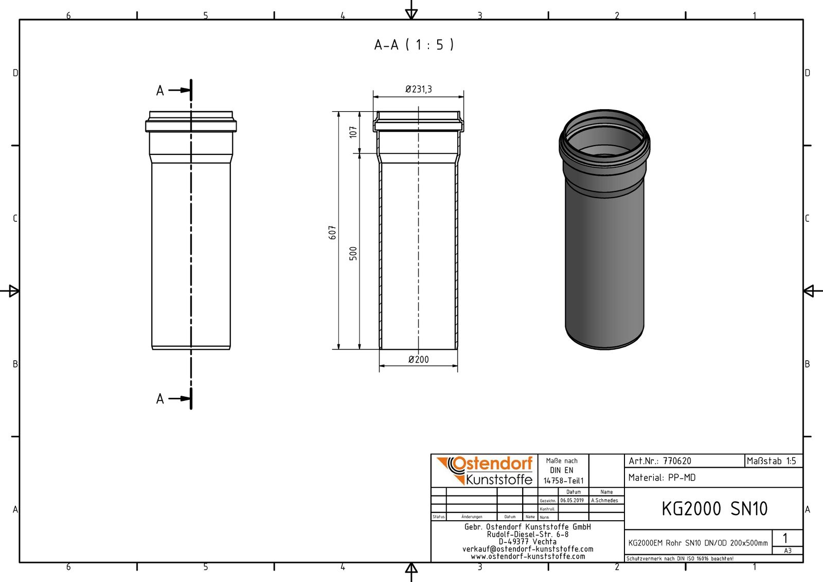 Ostendorf KG2000 Rohr SN 10 EM DN/OD 200, 500 mm, mit Muffe