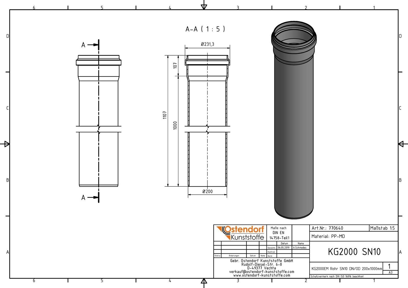 Ostendorf KG2000 Rohr SN 10 EM DN/OD 200, 1000 mm, mit Muffe