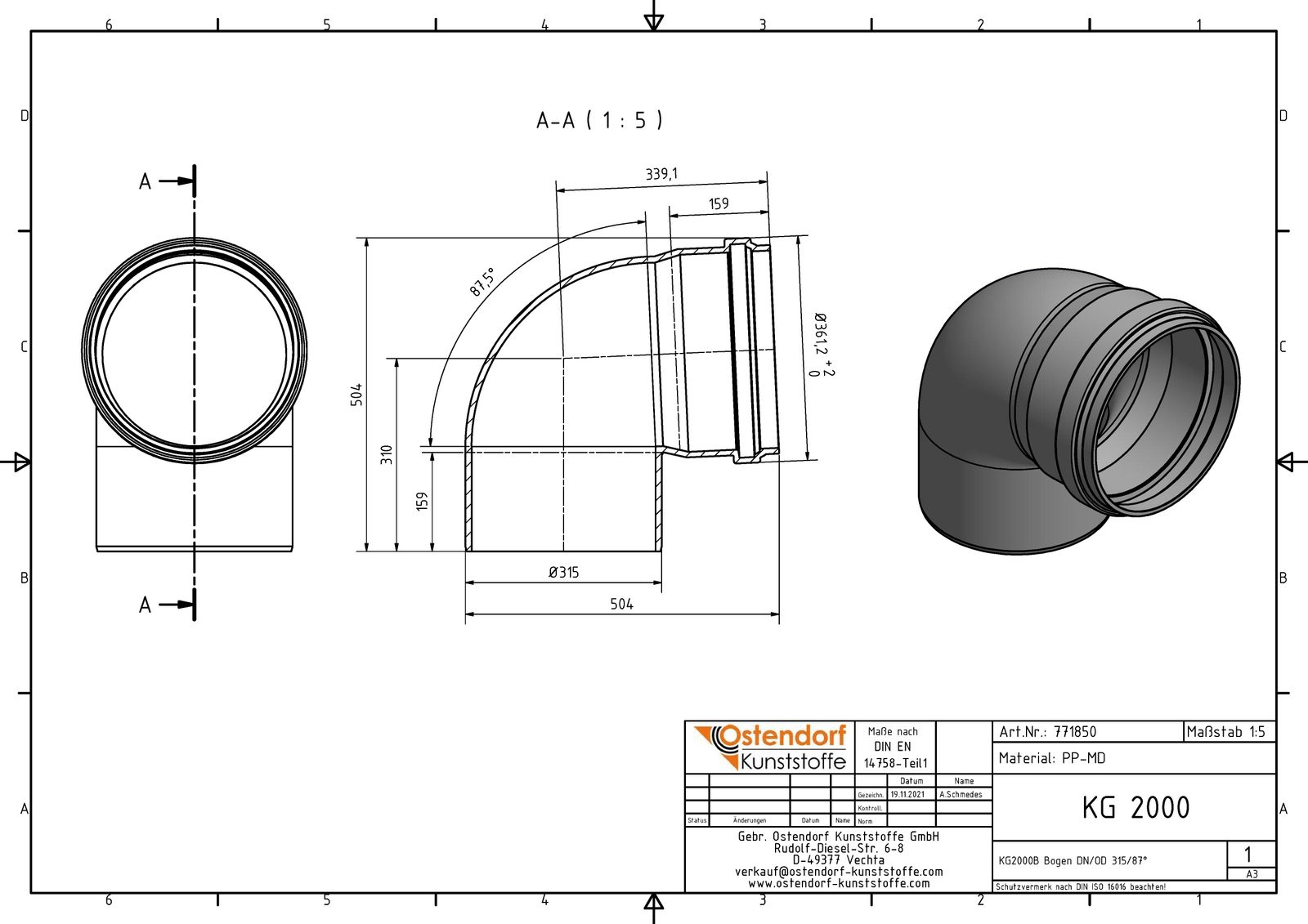 Ostendorf KG2000 Bogen B DN/OD 315, 87,5Grad