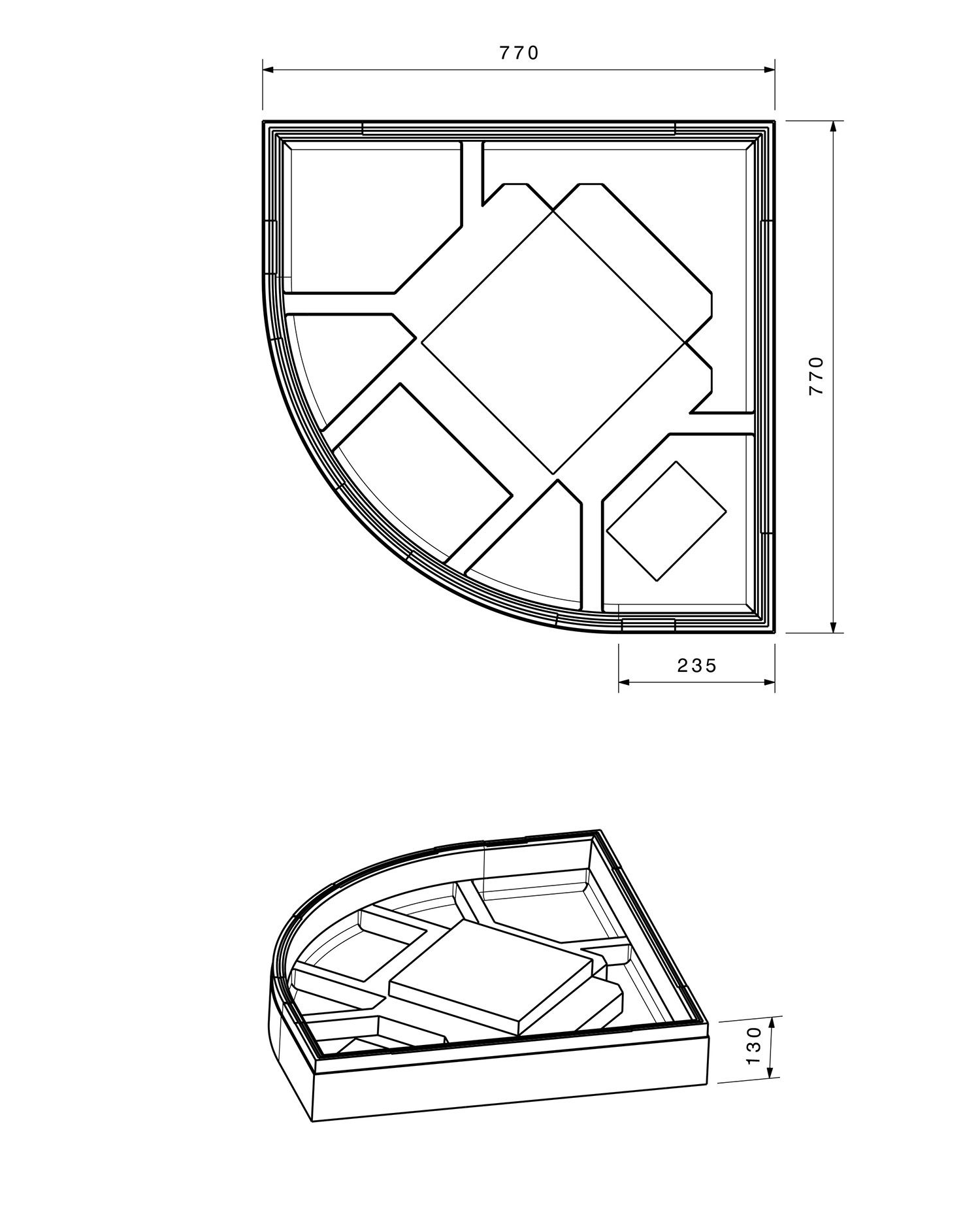 Poresta Duschwannenträger Zürich 278, für 800 x 800 x 45 mm, 1/4-Kreis, Höhe 130 mm