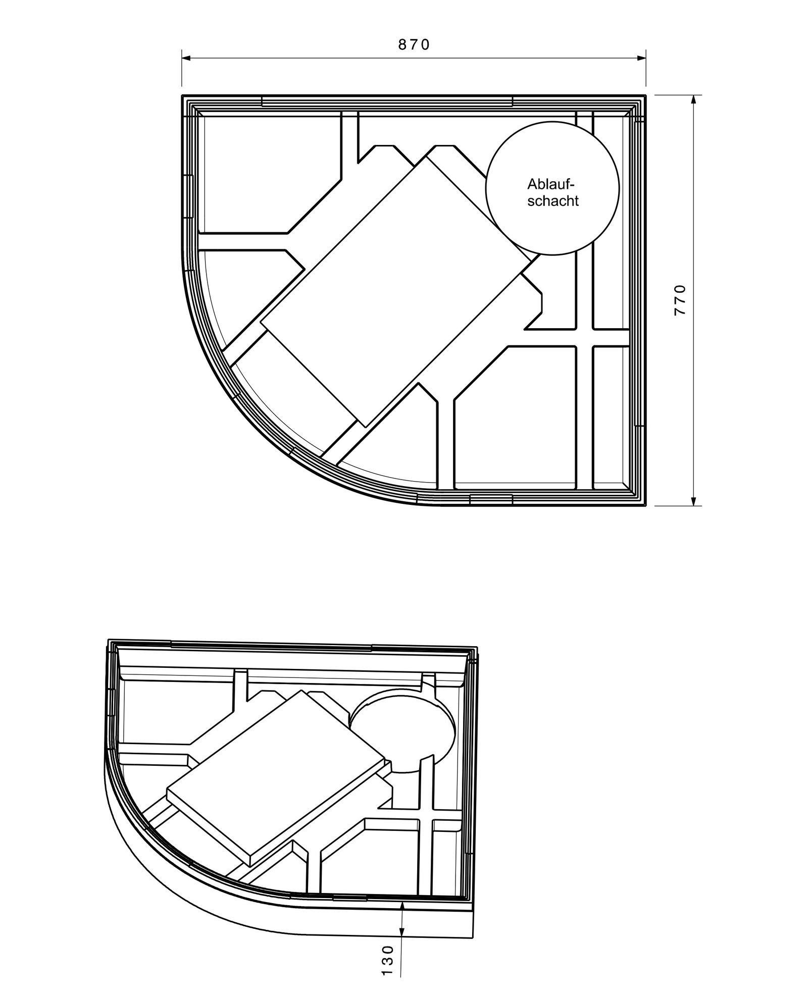 Poresta Duschwannenträger Susanne für 900 x 800 x 45 mm, rechts, Viertelkreis, Höhe 130 mm