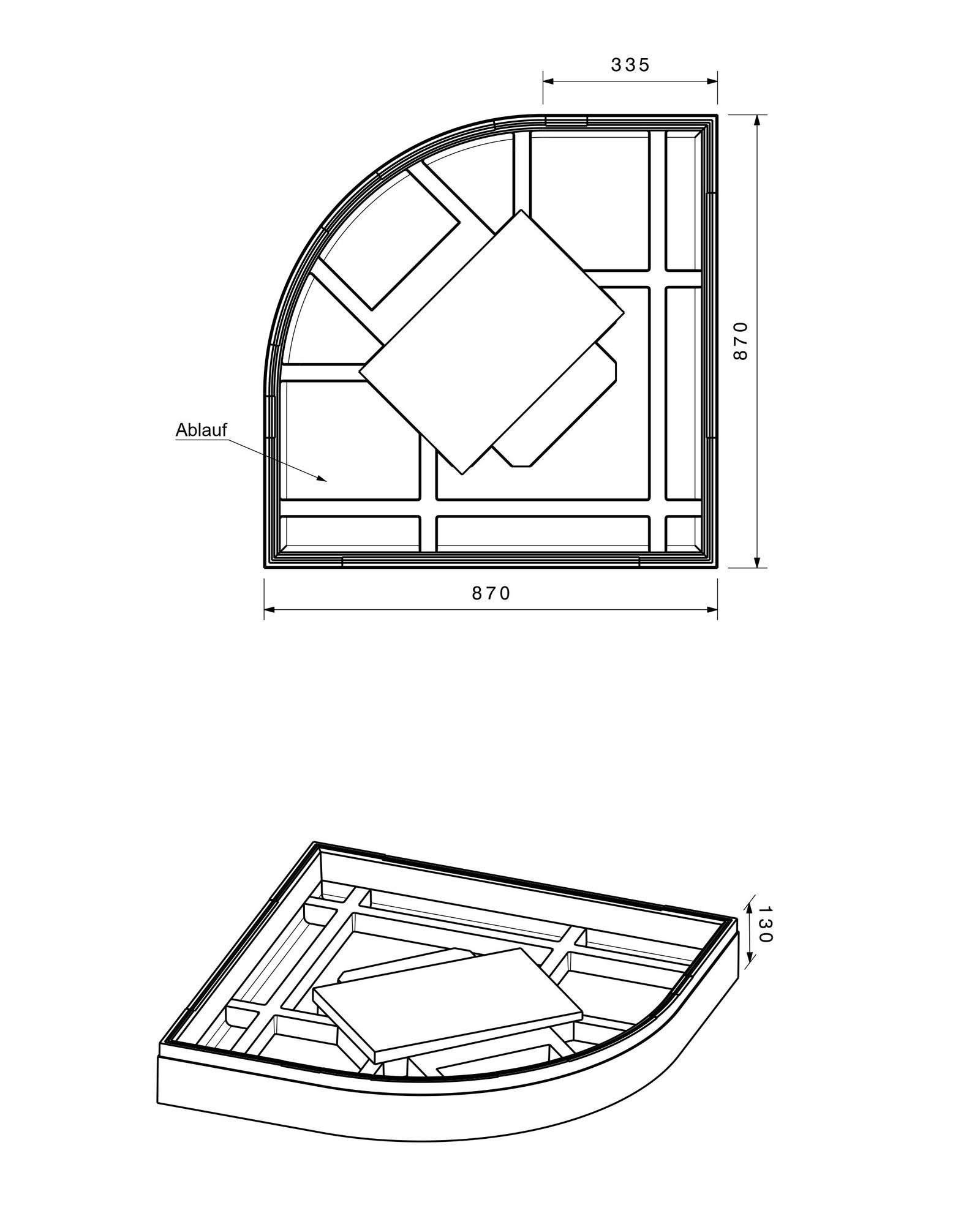 Poresta Duschwannenträger Sion 515, für 900 x 900 x 55 mm, 1/4-Kreis, Höhe 130 mm