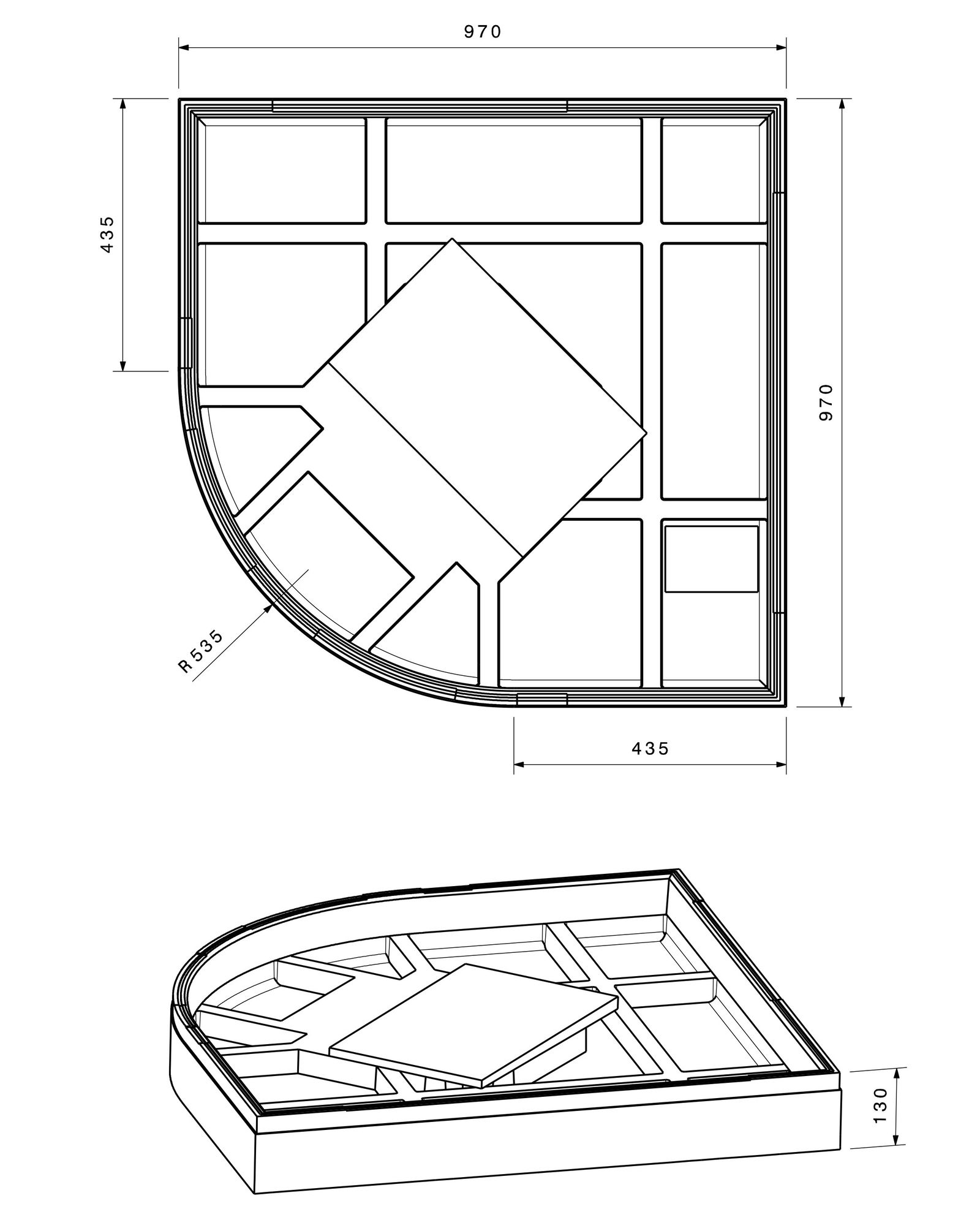 Poresta Duschwannenträger Sion 516, für 1000 x 1000 x 58 mm, 1/4-Kreis, Höhe 130 mm