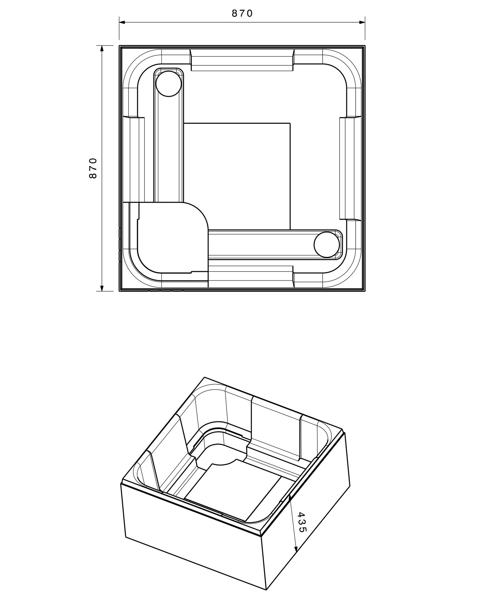 Poresta Duschwannenträger Profi 900 x 900 mm, KA BE, tief, Höhe 435 mm