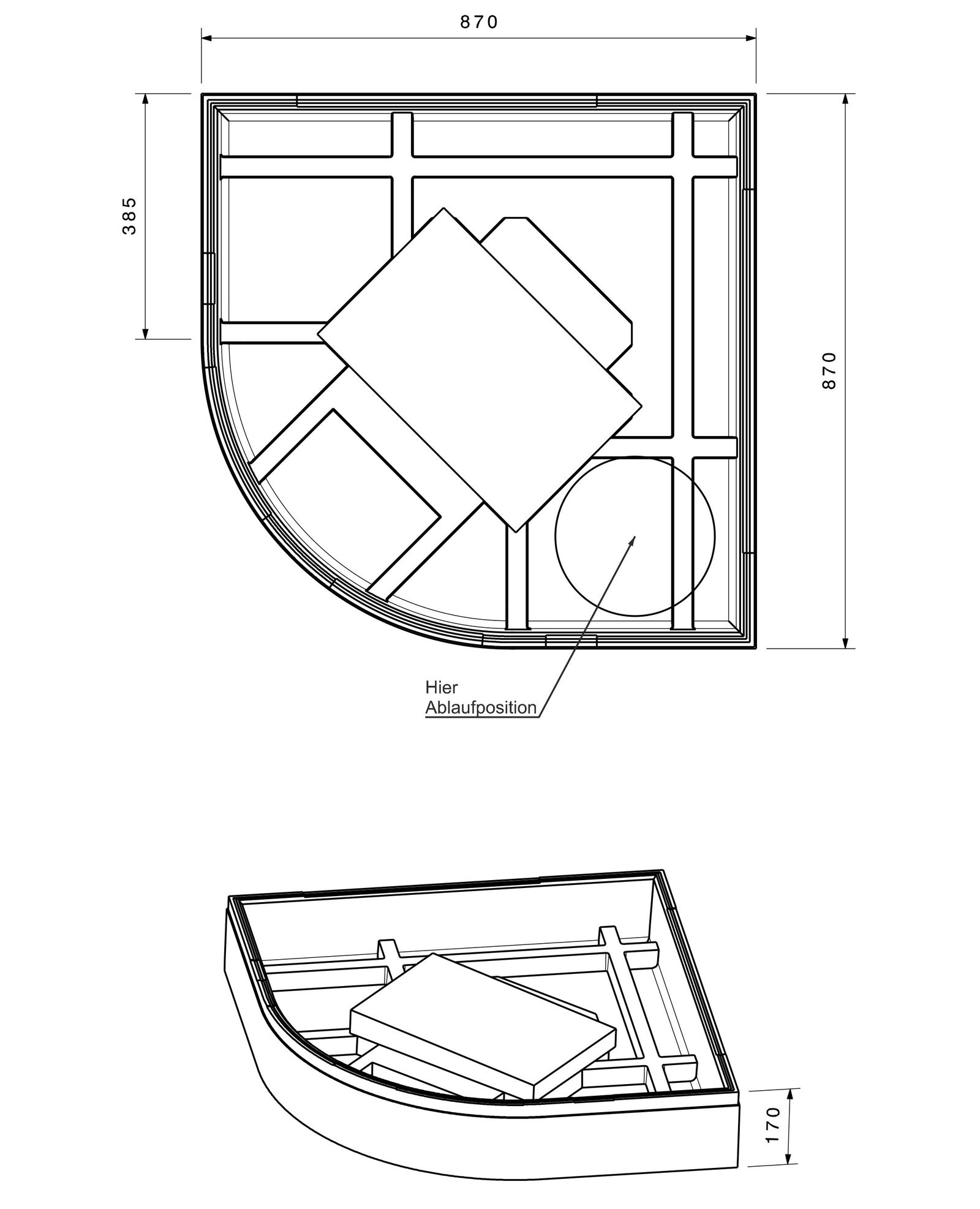 Poresta Duschwannenträger Expert Corner für 900 x 900 x 65 mm, 1/4-Kreis, Höhe 170 mm