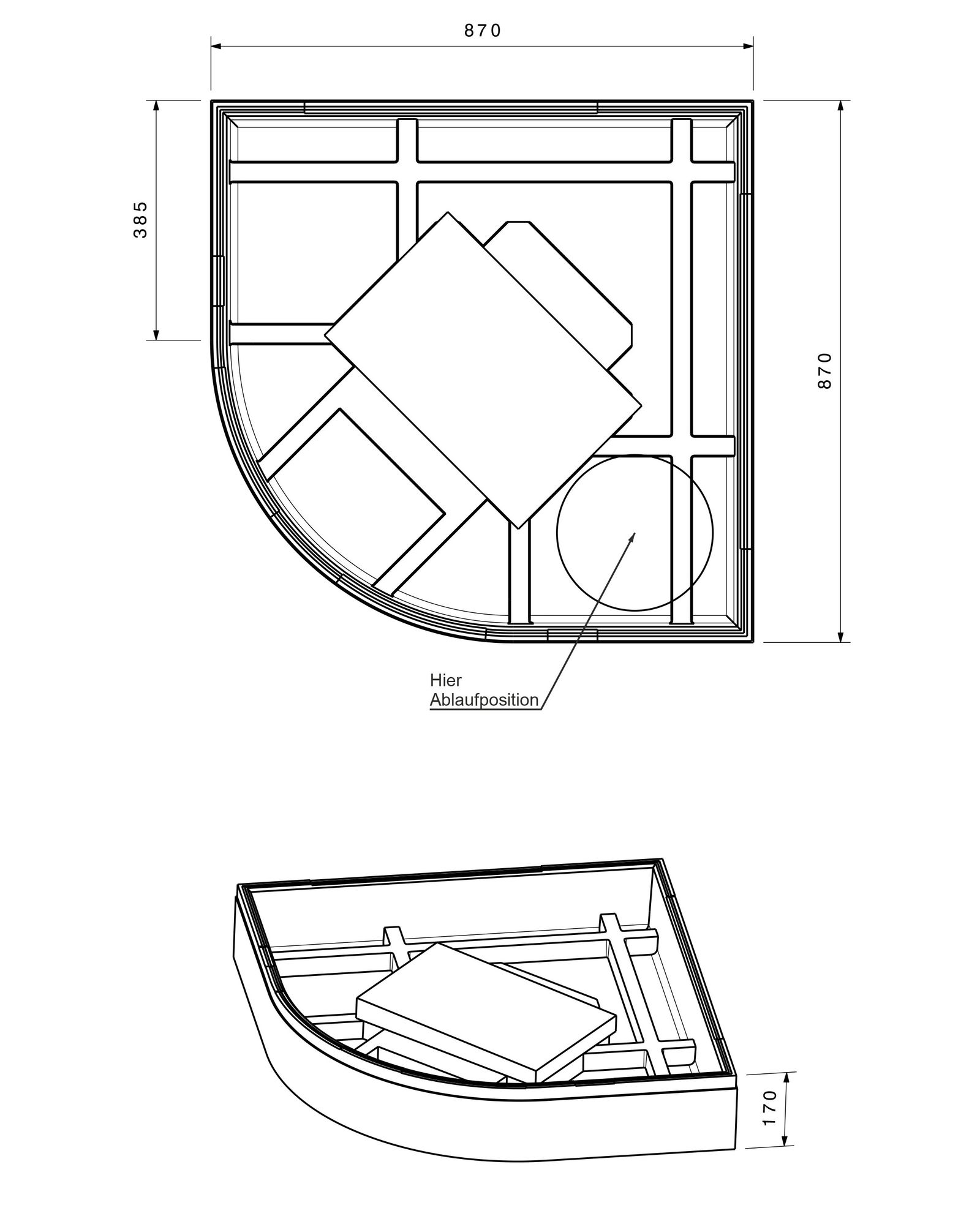 Poresta Duschwannenträger Expert Zirkon für 900 x 900 x 65 mm, 1/4-Kreis, Höhe 170 mm
