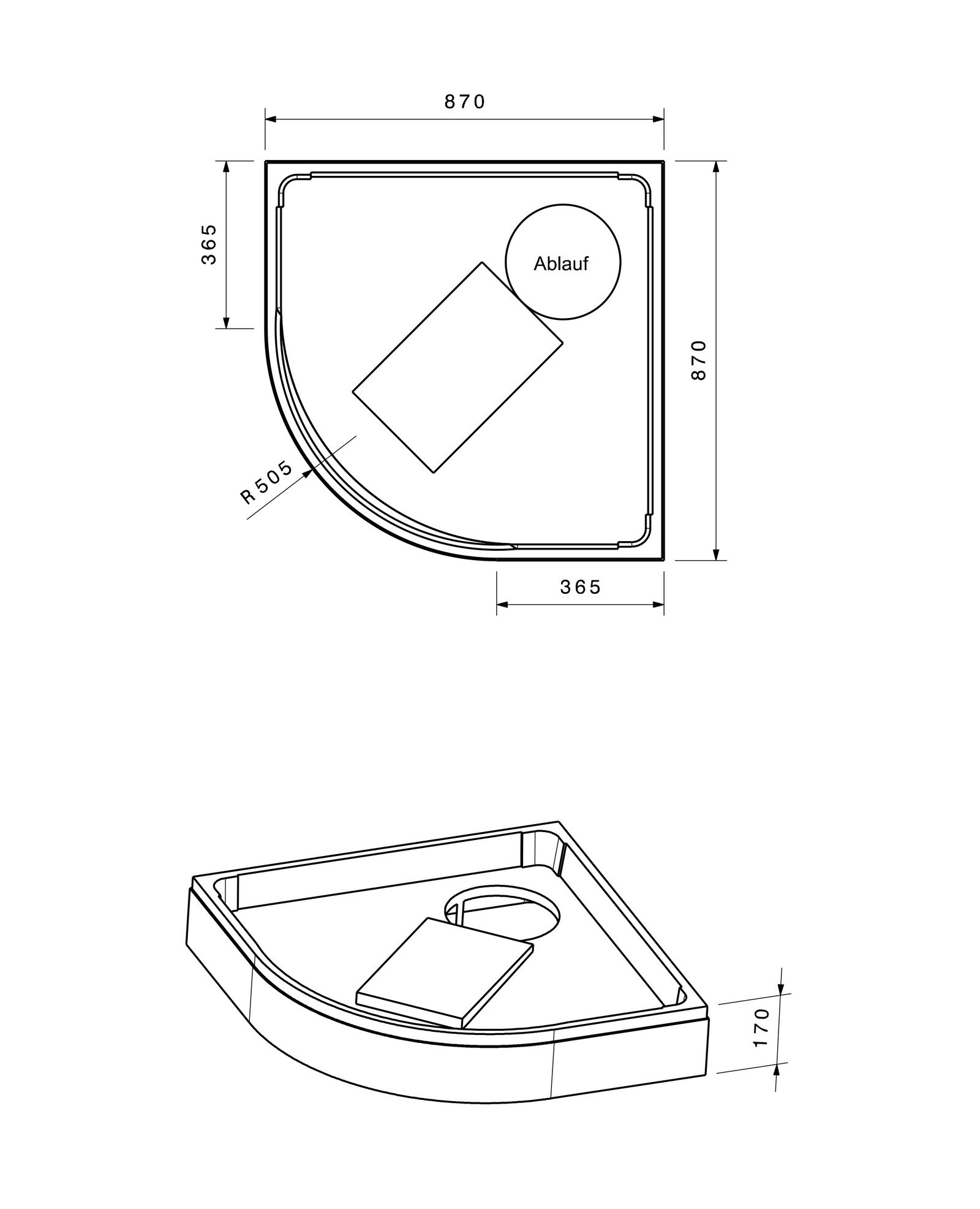 Poresta Duschwannenträger Expert Fontana für 900 x 900 x 65 mm, 1/4-Kreis, Höhe 170 mm