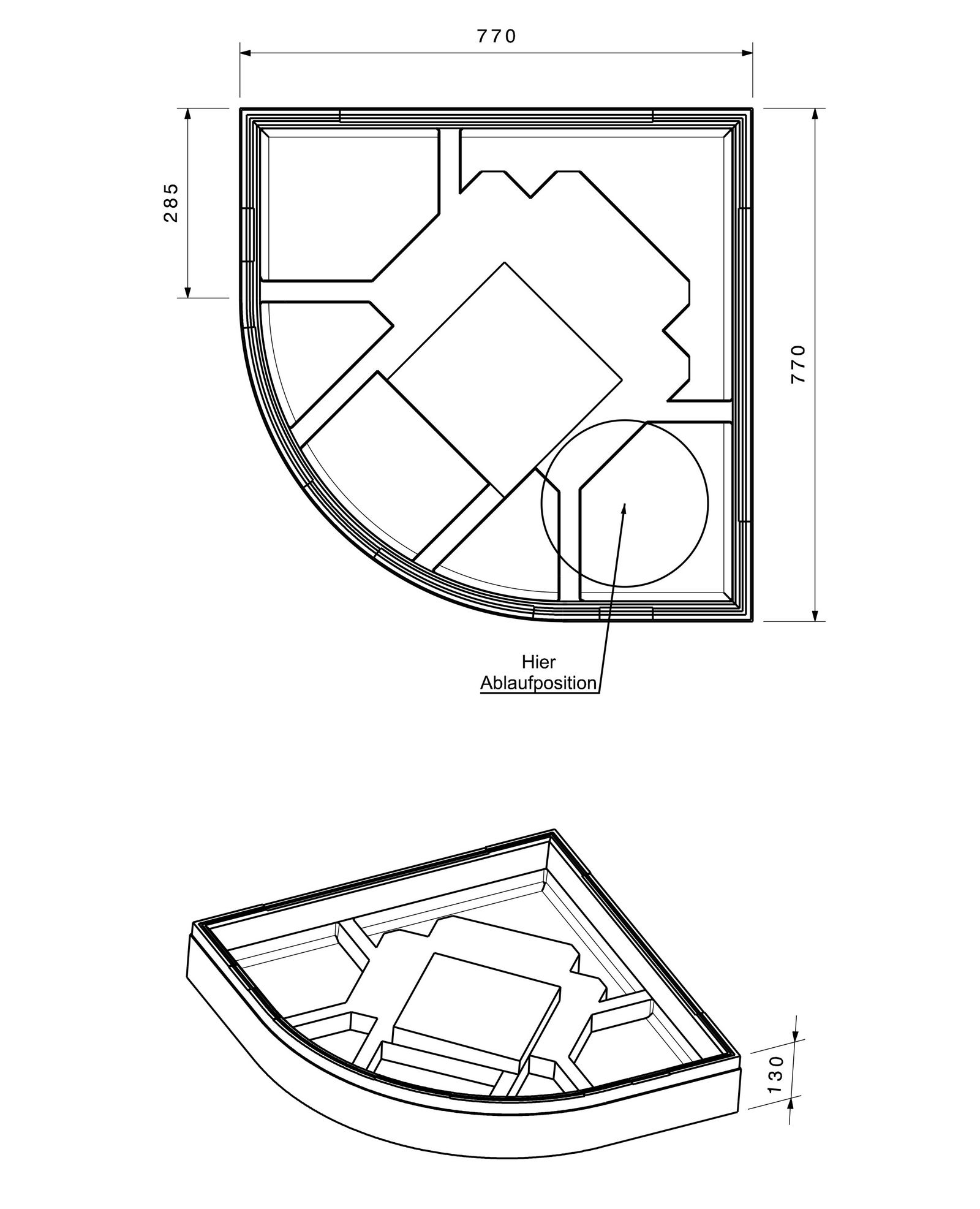 Poresta Duschwannenträger Expert Corner für 800 x 800 x 35 mm, 1/4-Kreis, Höhe 130 mm