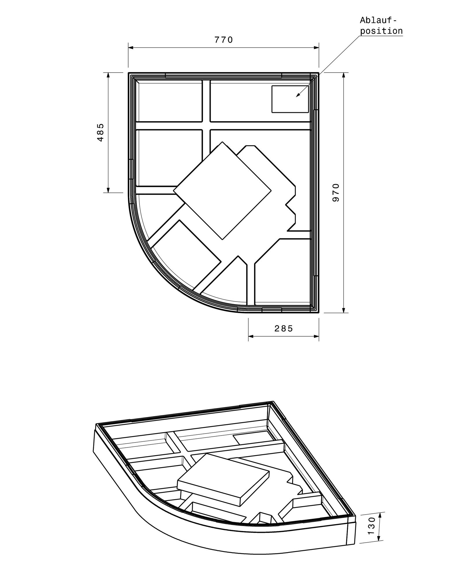 Poresta Duschwannenträger Expert Corner für 800 x 1000 x 35 mm, 1/4-Kreis, Höhe 130 mm