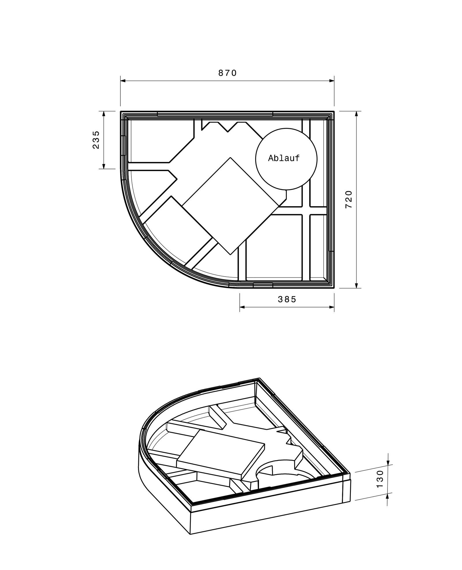 Poresta Duschwannenträger Expert Corner für 900 x 750 x 35 mm, 1/4-Kreis, Höhe 130 mm