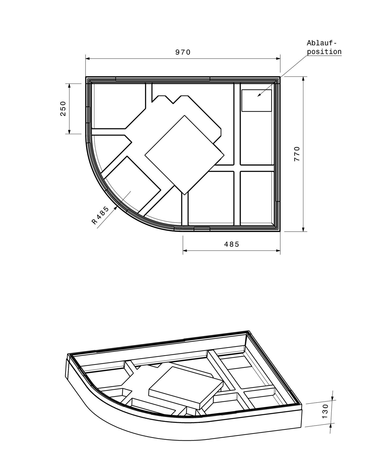 Poresta Duschwannenträger Expert Corner für 1000 x 800 x 35 mm, 1/4-Kreis, Höhe 130 mm