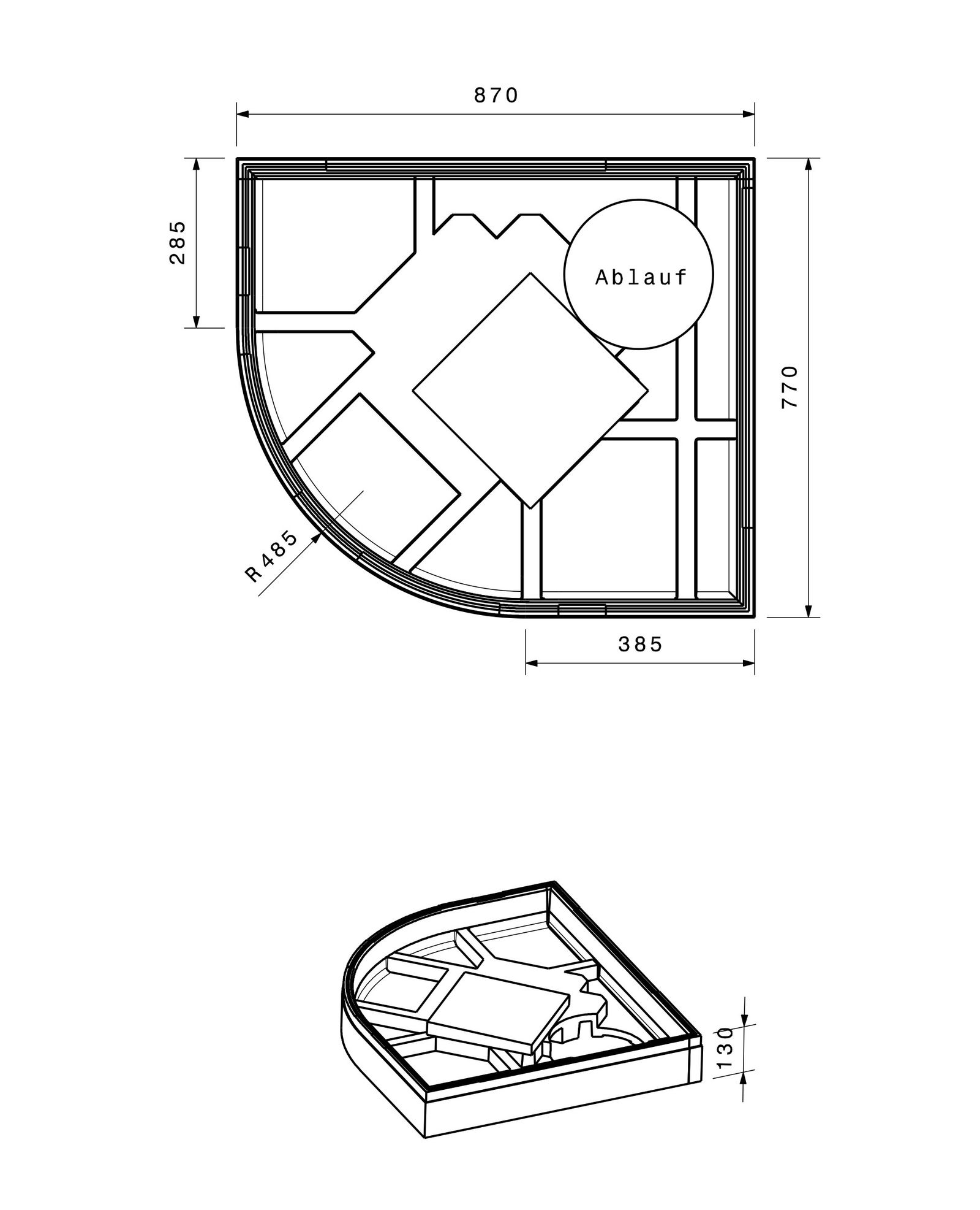 Poresta Duschwannenträger Expert Corner für 900 x 800 x 35 mm, 1/4-Kreis, Höhe 130 mm