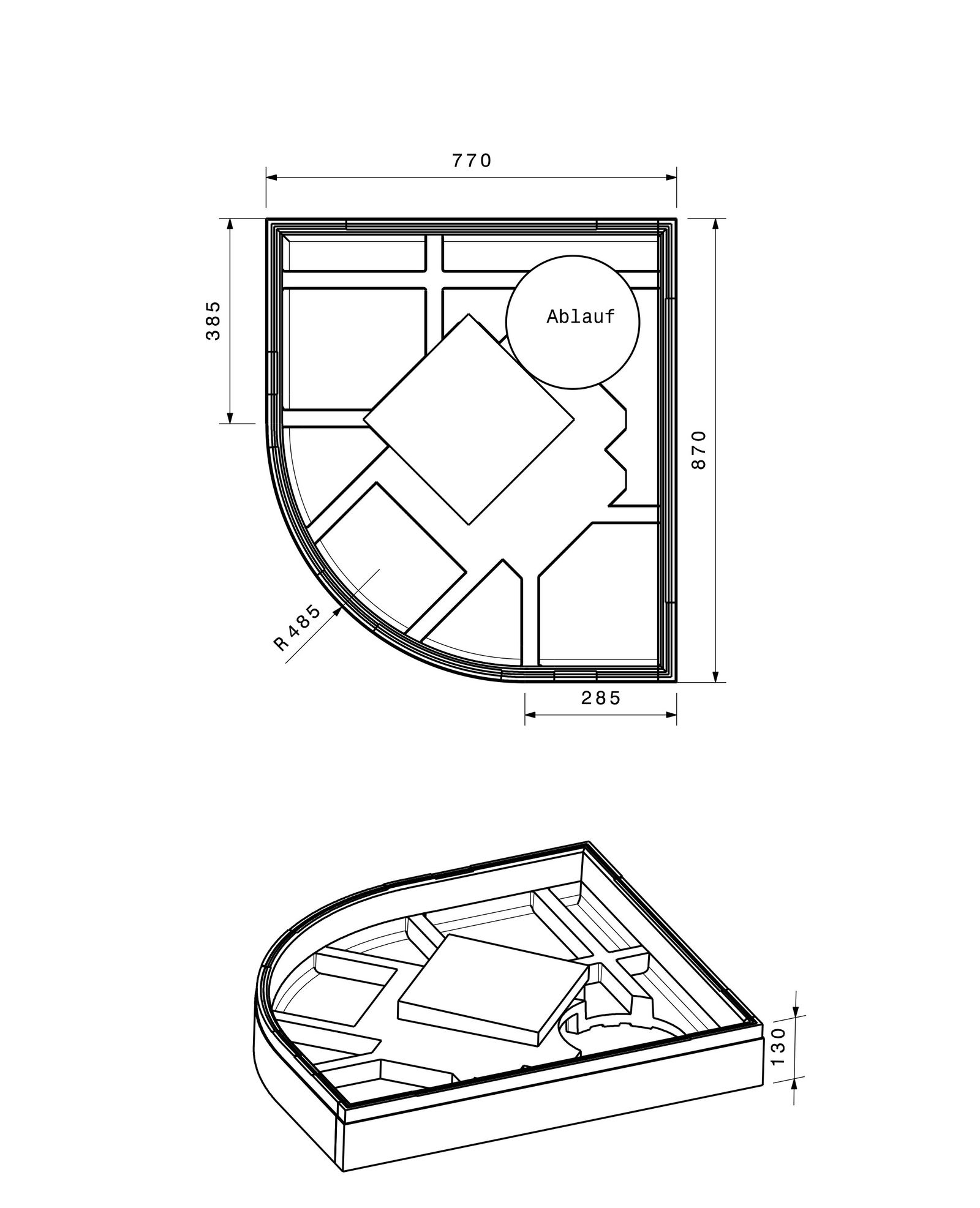 Poresta Duschwannenträger Expert Corner für 800 x 900 x 35 mm, 1/4-Kreis, Höhe 130 mm