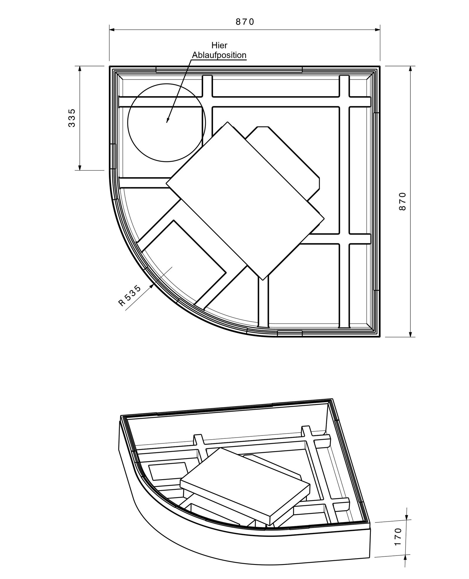 Poresta Duschwannenträger Expert T200 für 900 x 900 x 60 mm, 1/4-Kreis, Höhe 170 mm