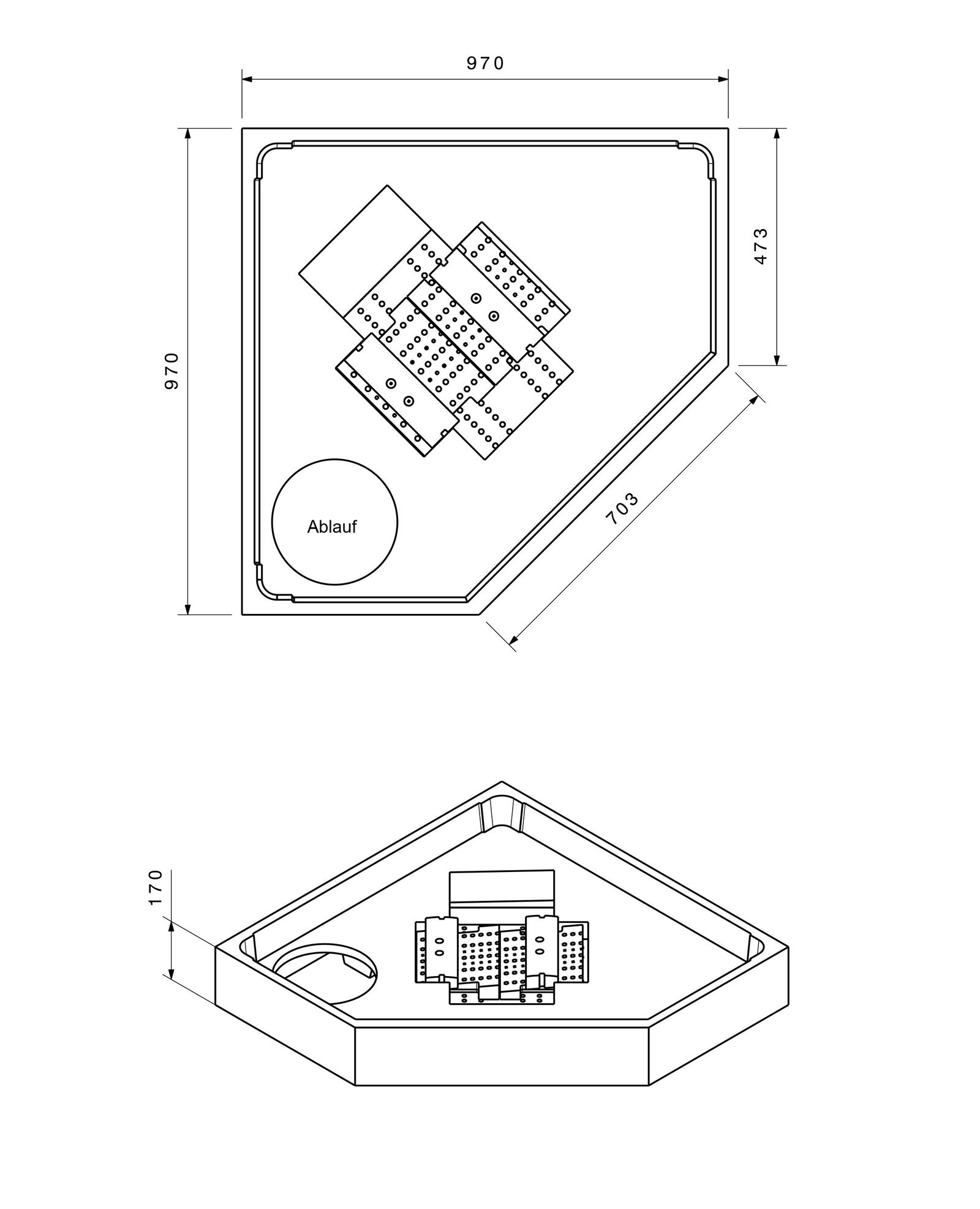 Poresta Duschwannenträger Expert T200 für 1000 x 1000 x 60 mm, 5-Eck, Höhe 170 mm