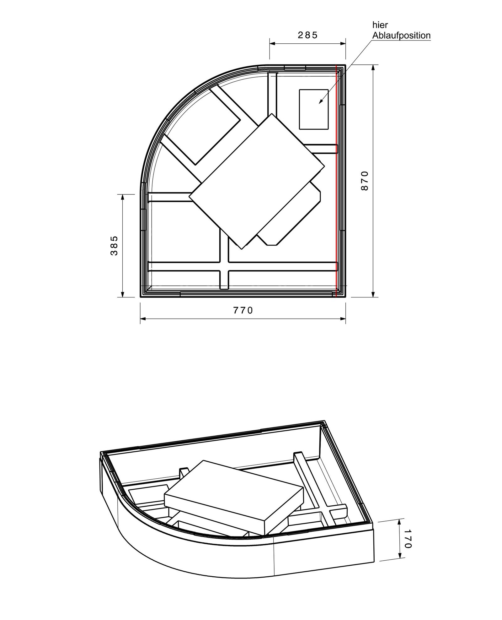 Poresta Duschwannenträger Expert Malaga Trend 772 für 900 x 800 x 50 mm, links, 1/4-Kreis, Höhe 170 mm