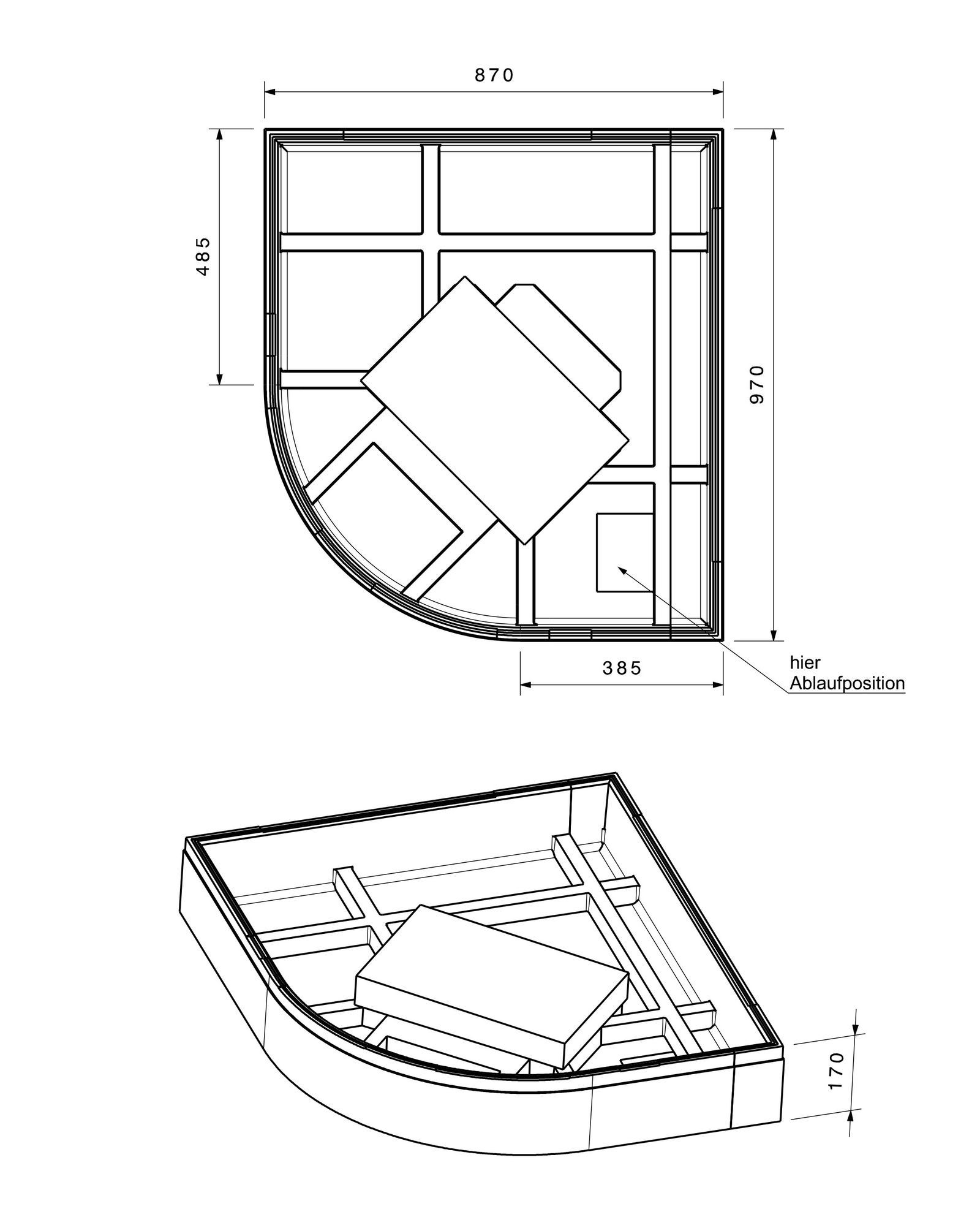 Poresta Duschwannenträger Expert Malaga Trend 778 für 1000 x 900 x 50 mm, rechts, 1/4-Kreis, Höhe 170 mm