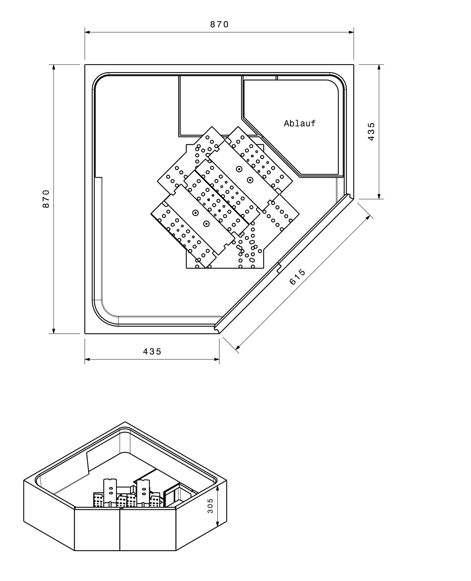 Poresta Duschwannenträger Expert Hot Plus 900 x 900 mm, 5-Eck, Höhe 305 mm