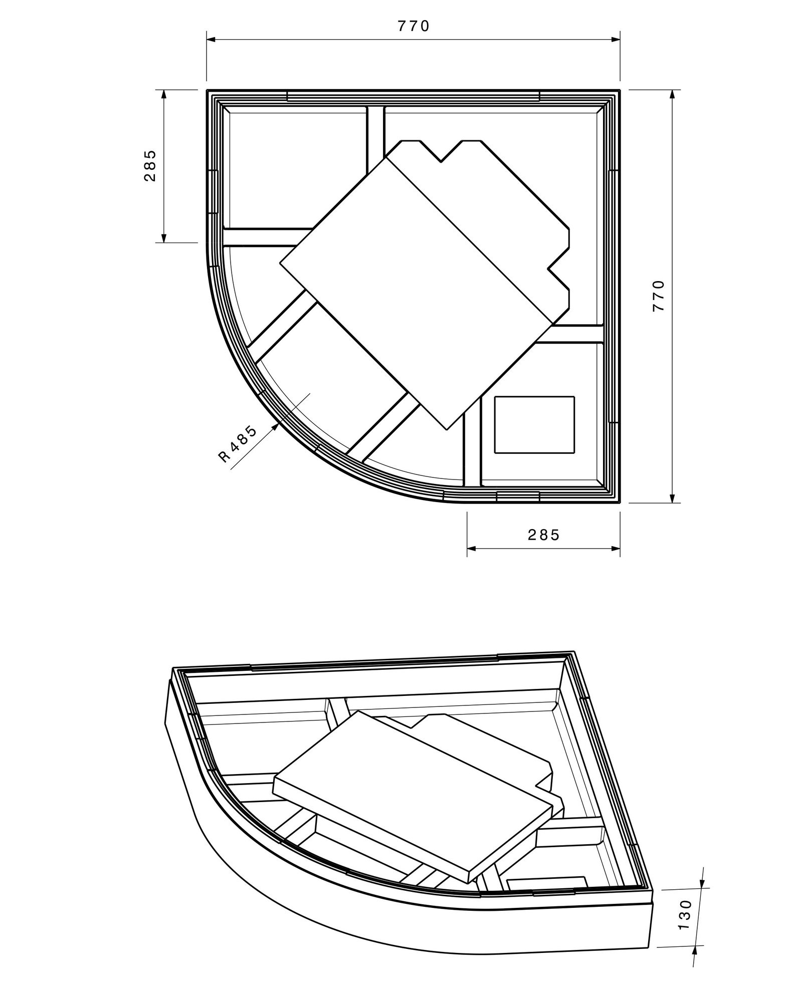 Poresta Duschwannenträger Expert Zirkon für 800 x 800 x 35 mm, 1/4-Kreis, Höhe 130 mm